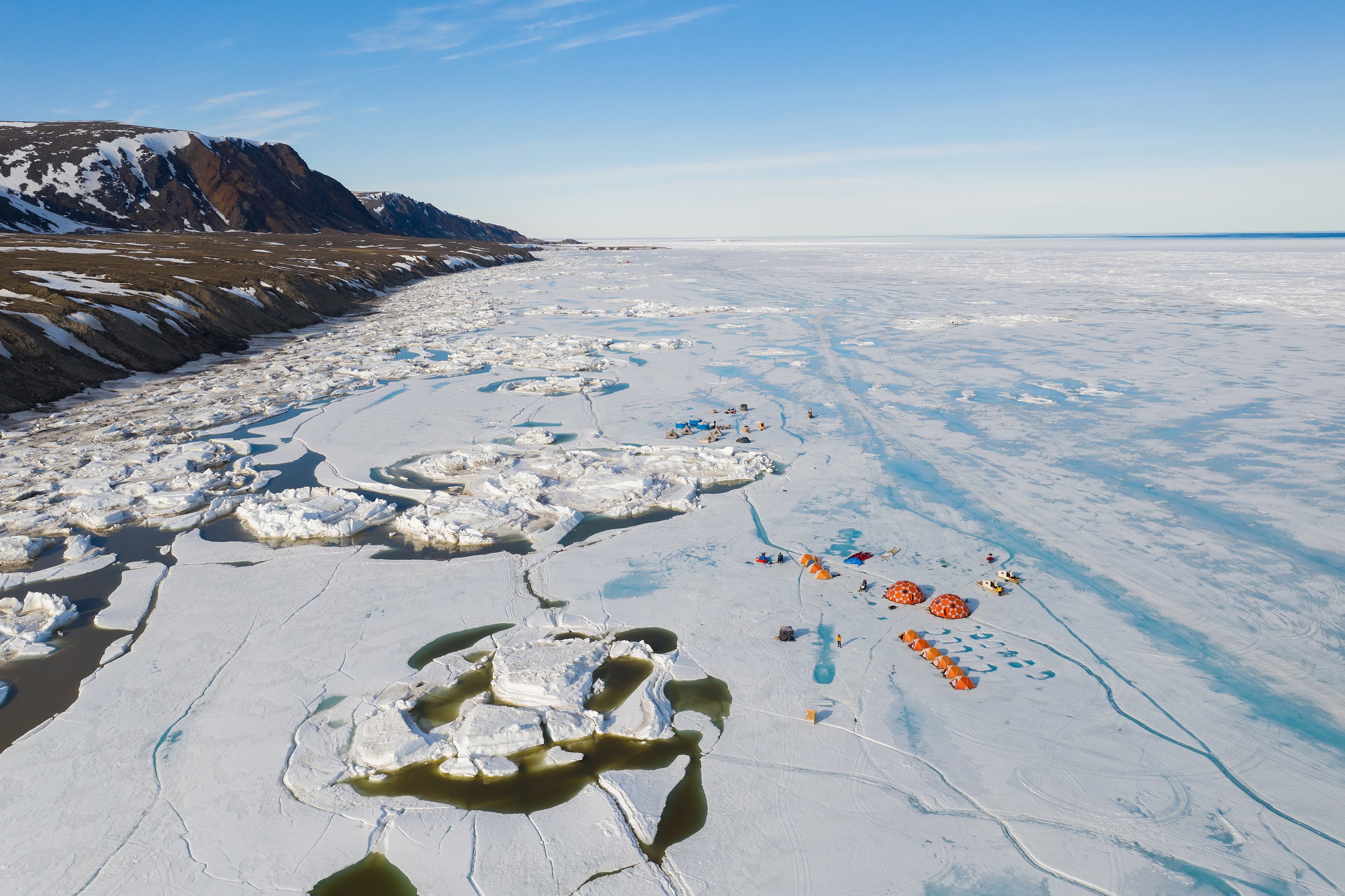 Aerial drone photo of tourists camping on the floe edge near Sirmilik National Park in Nunavut, Canada Nunavut Region 2
