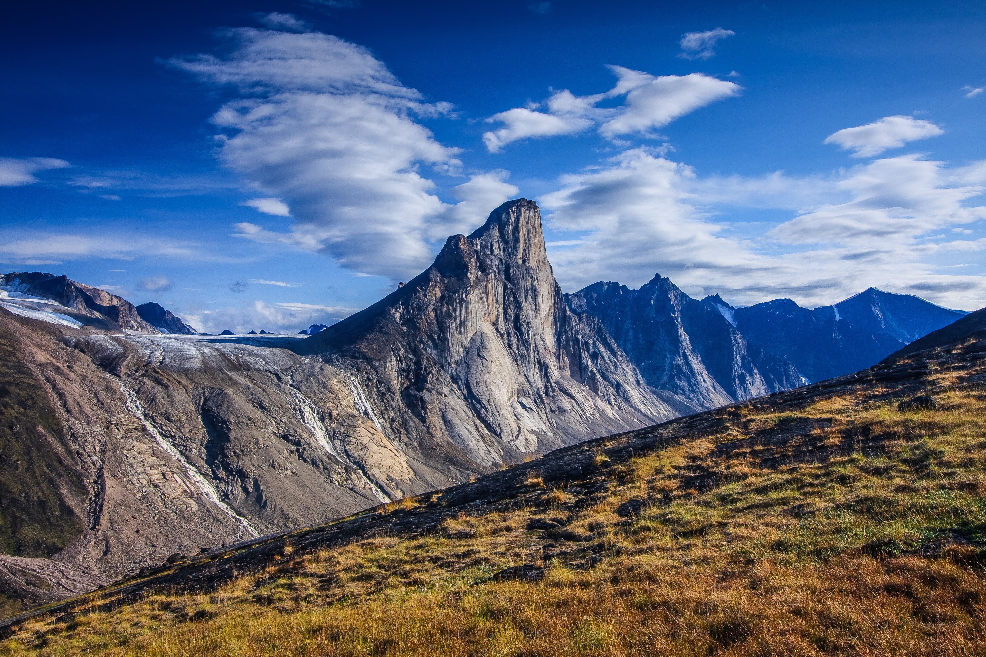 High above the valley in Akshayuk Pass and looking across at Mount Thor, Baffin Island, Nunavut