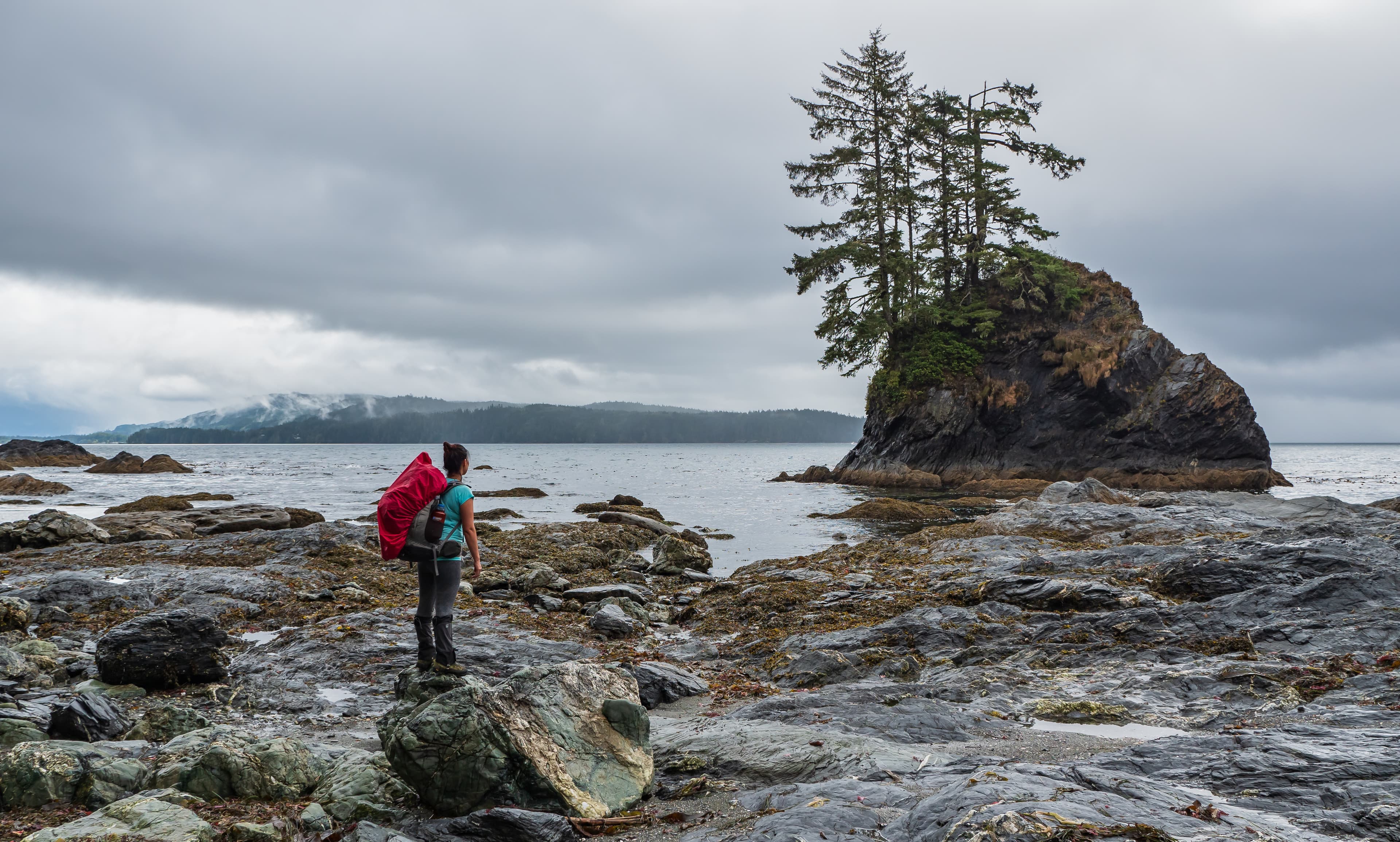 Backpacking woman lookout out onto ocean on the west coast trail, Vancouver Island, British Columbia, Canada British Columbia Region 15