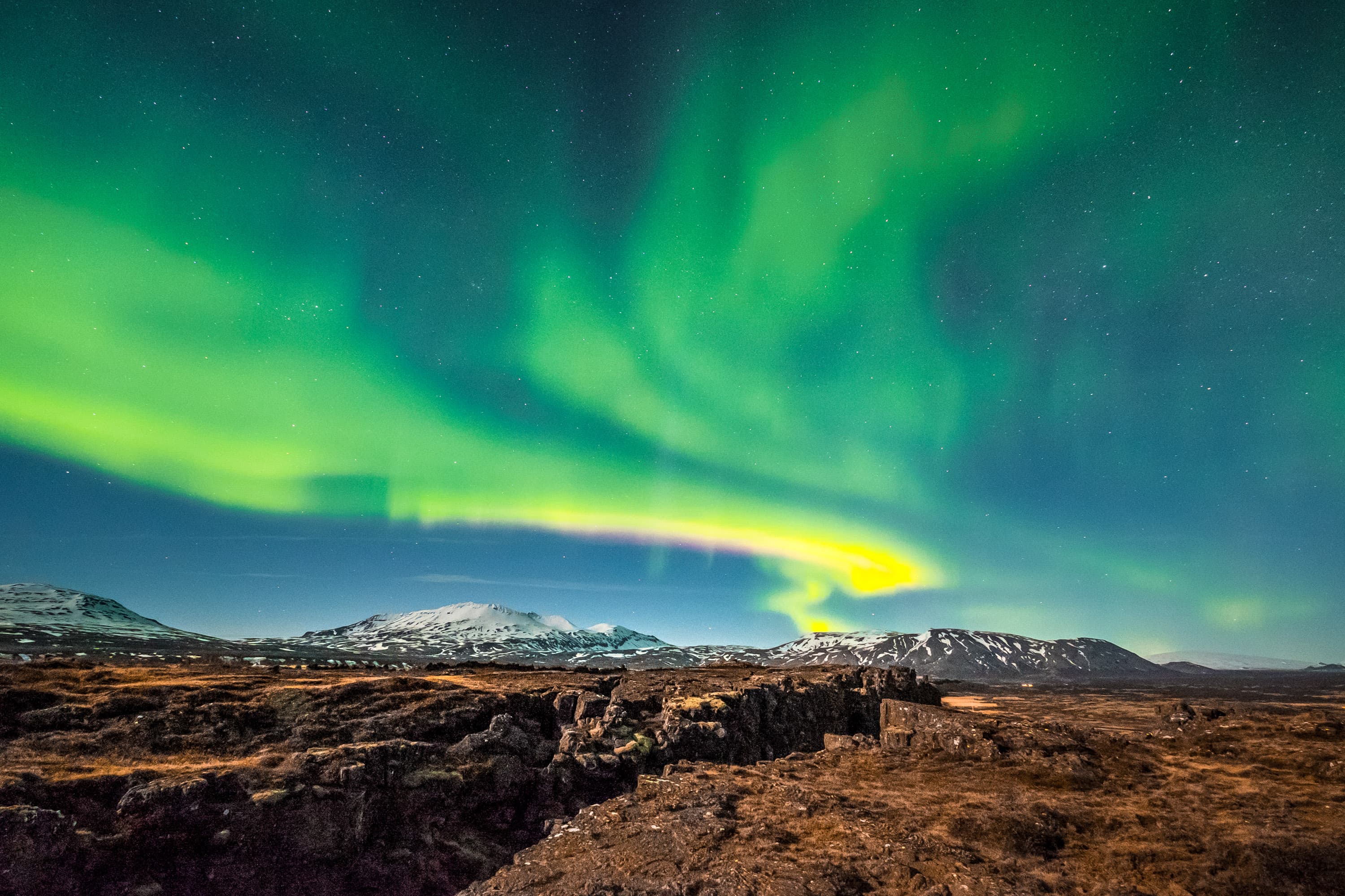 Aurora borealis over the Thingvellir National Park - Iceland