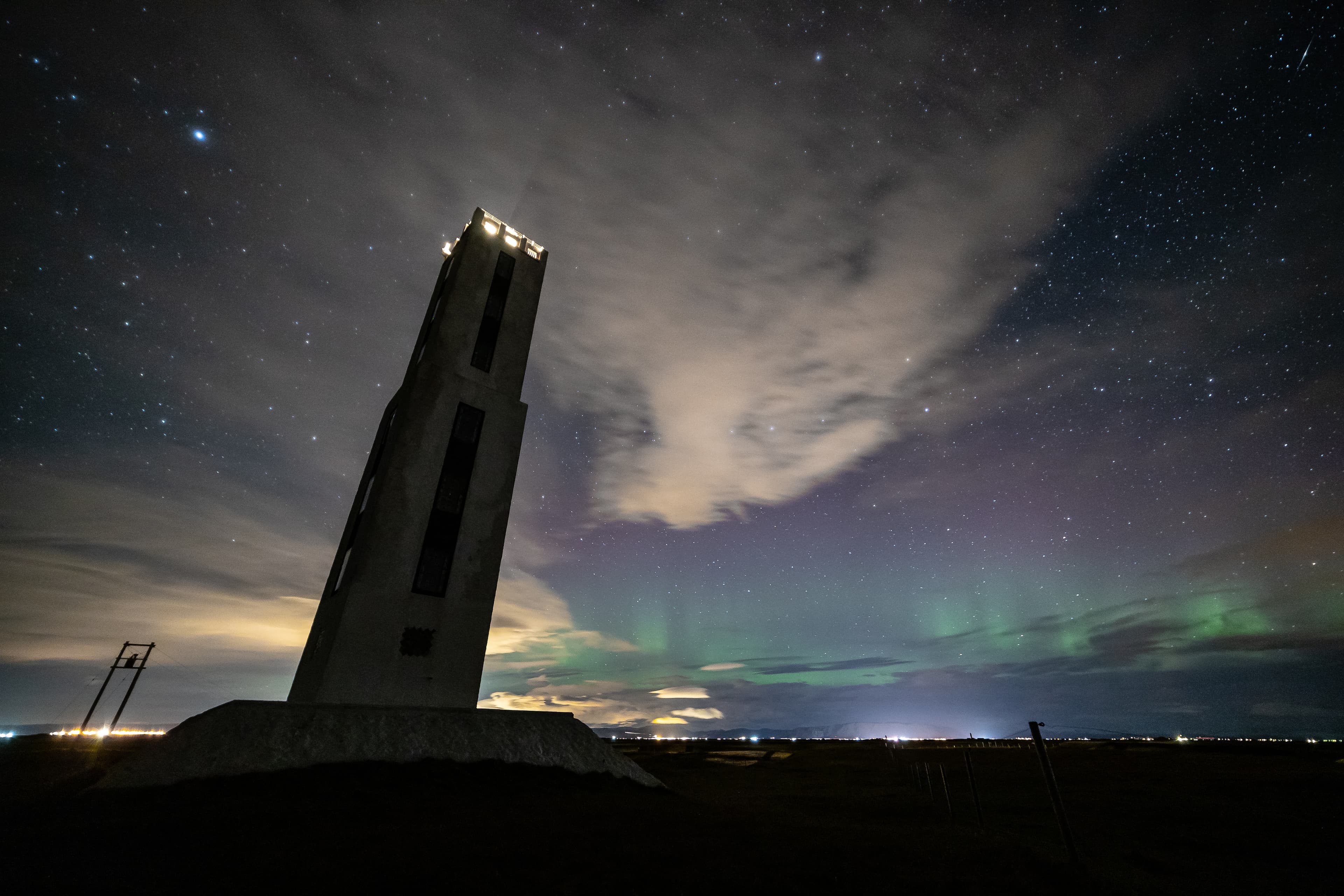 Nothern Lights near Selfoss, Iceland, Knarraros Lighthouse