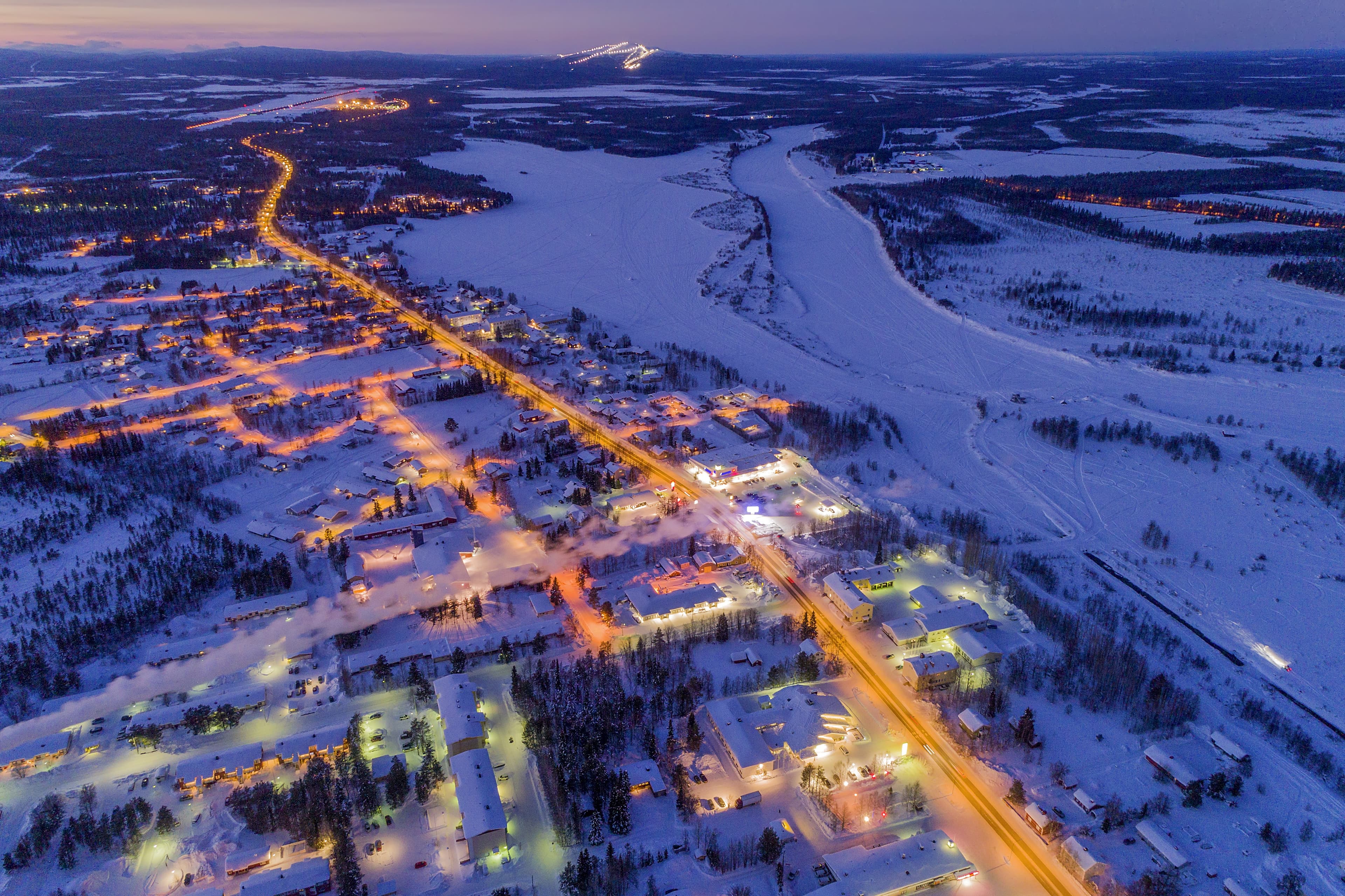 Kittila is a municipality of Finland and a popular holiday resort. Levi is ski resort in Finland. View from above