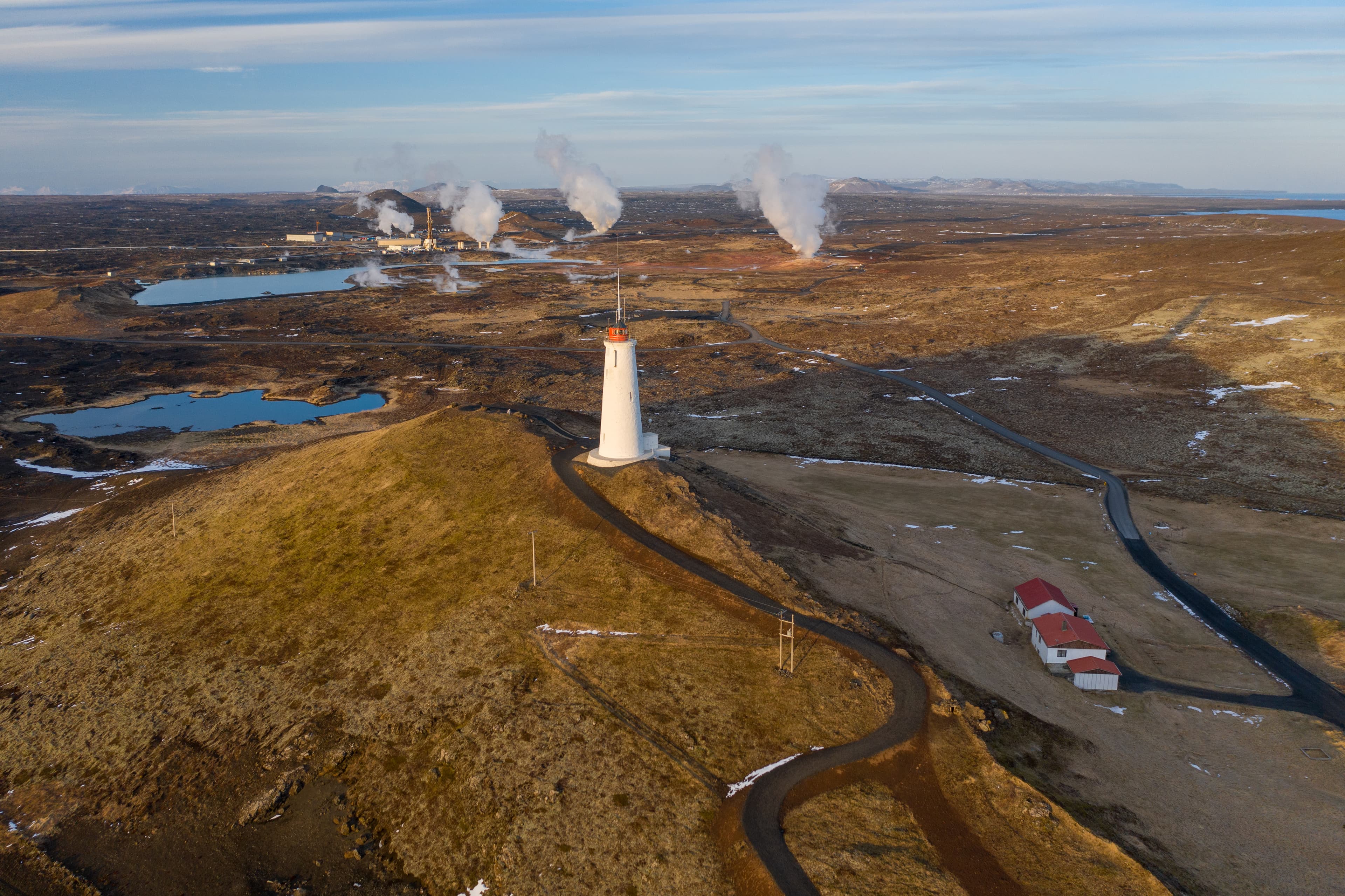 Aerial view of the lighthouse at Reykjanes Peninsula during sunset. Iceland in early spring. Aerial view of the lighthouse at Reykjanes Peninsula during sunset. Iceland in early spring