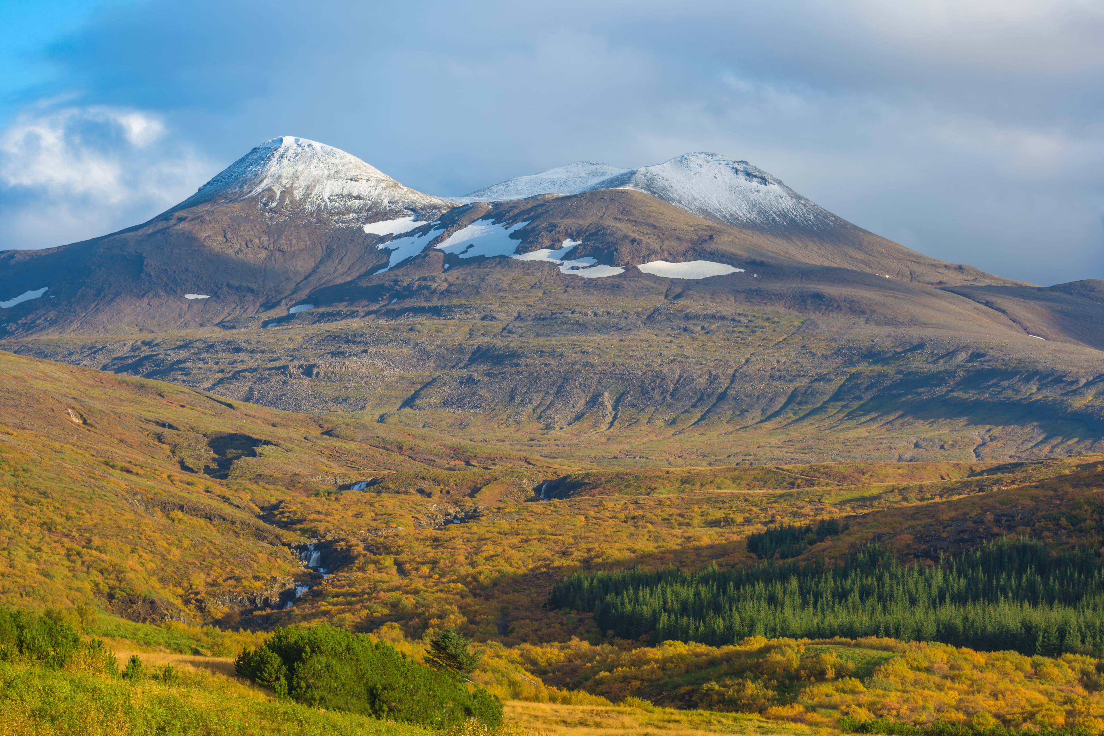 Landscape with some tall mountains and forests at the the rear end of the Hvalfjöoður and start of the hike to the waterfall Glymur, Western Iceland Lanscape near Glymur Waterfall, Iceland