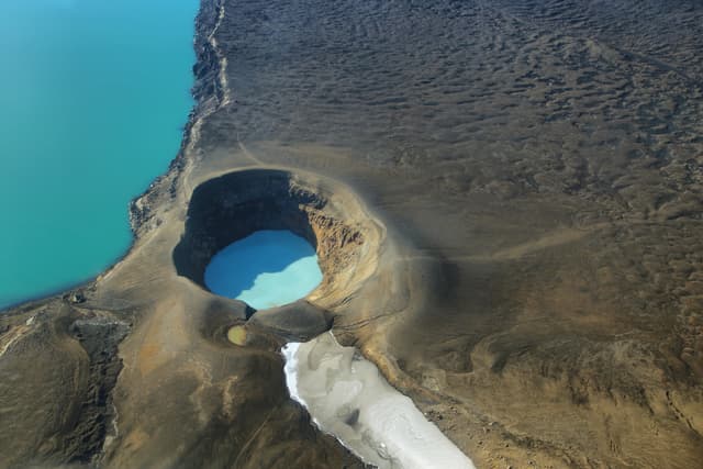 Aerial view of lake Lake Oskjuvatn and lake Viti in Askja region, Iceland aerial-view-of-icelandic-volcano-crater