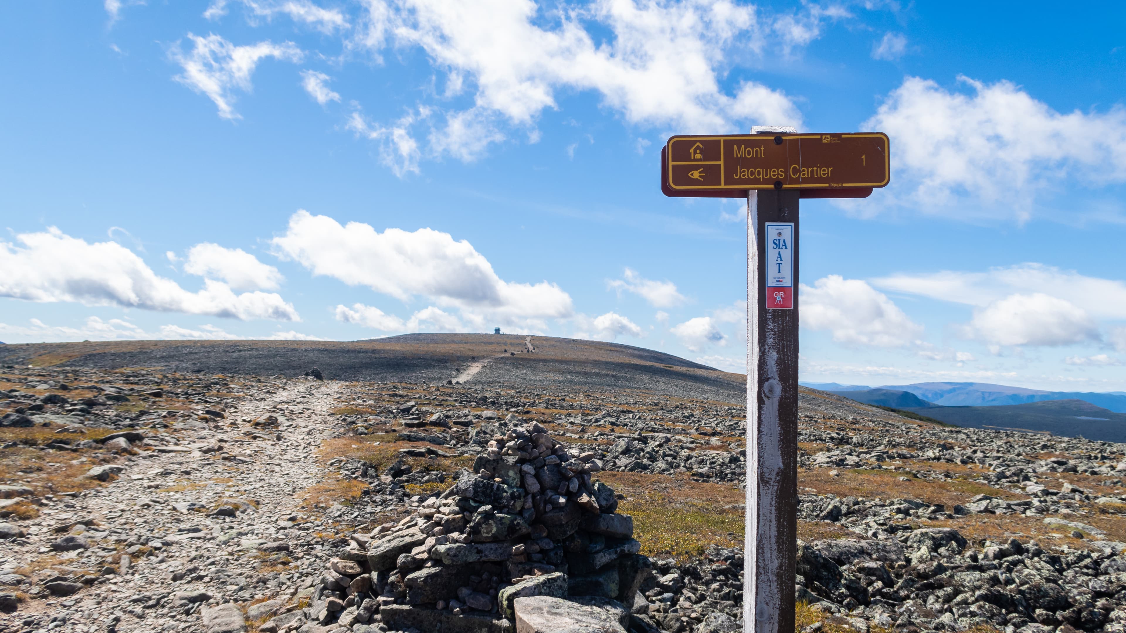 Sign post indicating the Mont Jacques Cartier, in the Gaspesia national park, Canada
