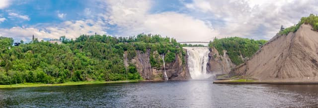 Panoramic view at the Montmorency falls at a distance of Quebec - Canada Panoramic view at the Montmorency falls at a distance of Quebec in Canada