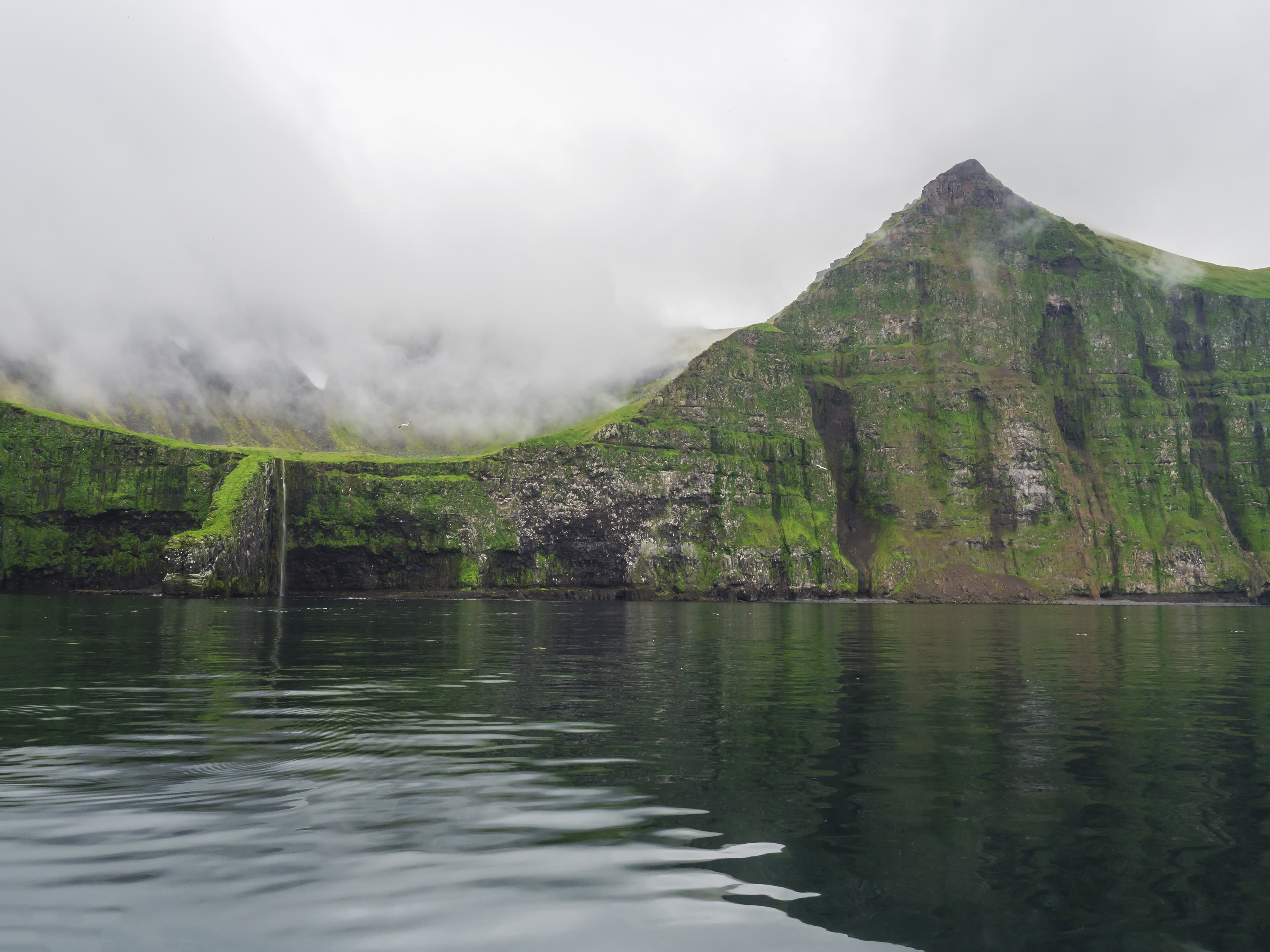 view from boat on steep green Hornbjarg cliffs biggest bird cliffs in Europe, west fjords, remote nature reserve Hornstrandir in Iceland, misty fog ocean and moody sky steep green Hornbjarg cliffs and waterfall, biggest bird cliffs in Europe, west fjords, remote nature reserve Hornstrandir in Iceland, misty fog ocean and moody sky