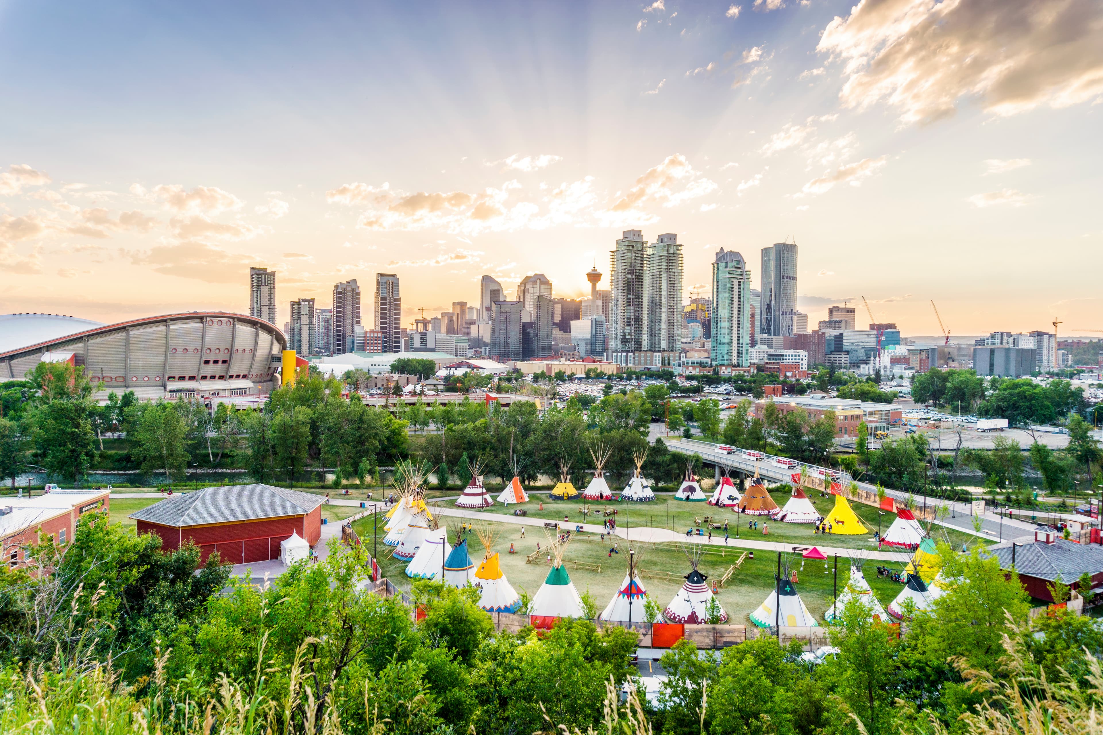 Beautiful skyline of Calgary during Stampede at sunset, Alberta, Canada Beautiful panorama of Calgary, Alberta, Canada