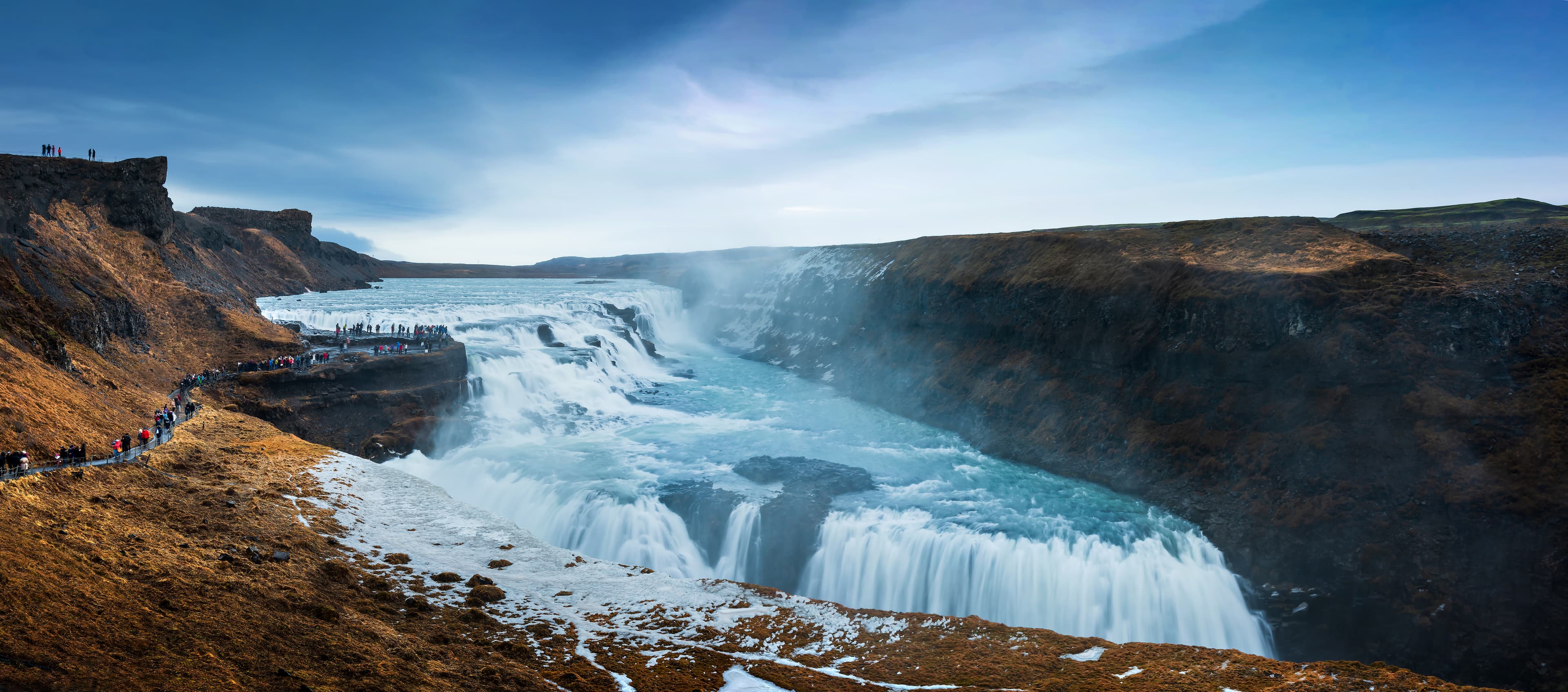 Stunning Gullfoss Falls waterfall in southwest Iceland on a Golden circle route, Icelandic travel destination scene panoramic view Stunning Gullfoss Falls waterfall in Iceland on a Golden circle route