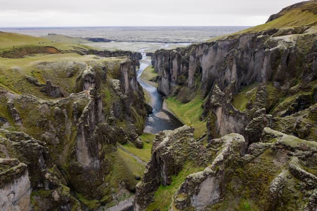 Scenic drone view of Fjadrargljufur canyon, Iceland Scenic drone view of Fjadrargljufur canyon, Iceland