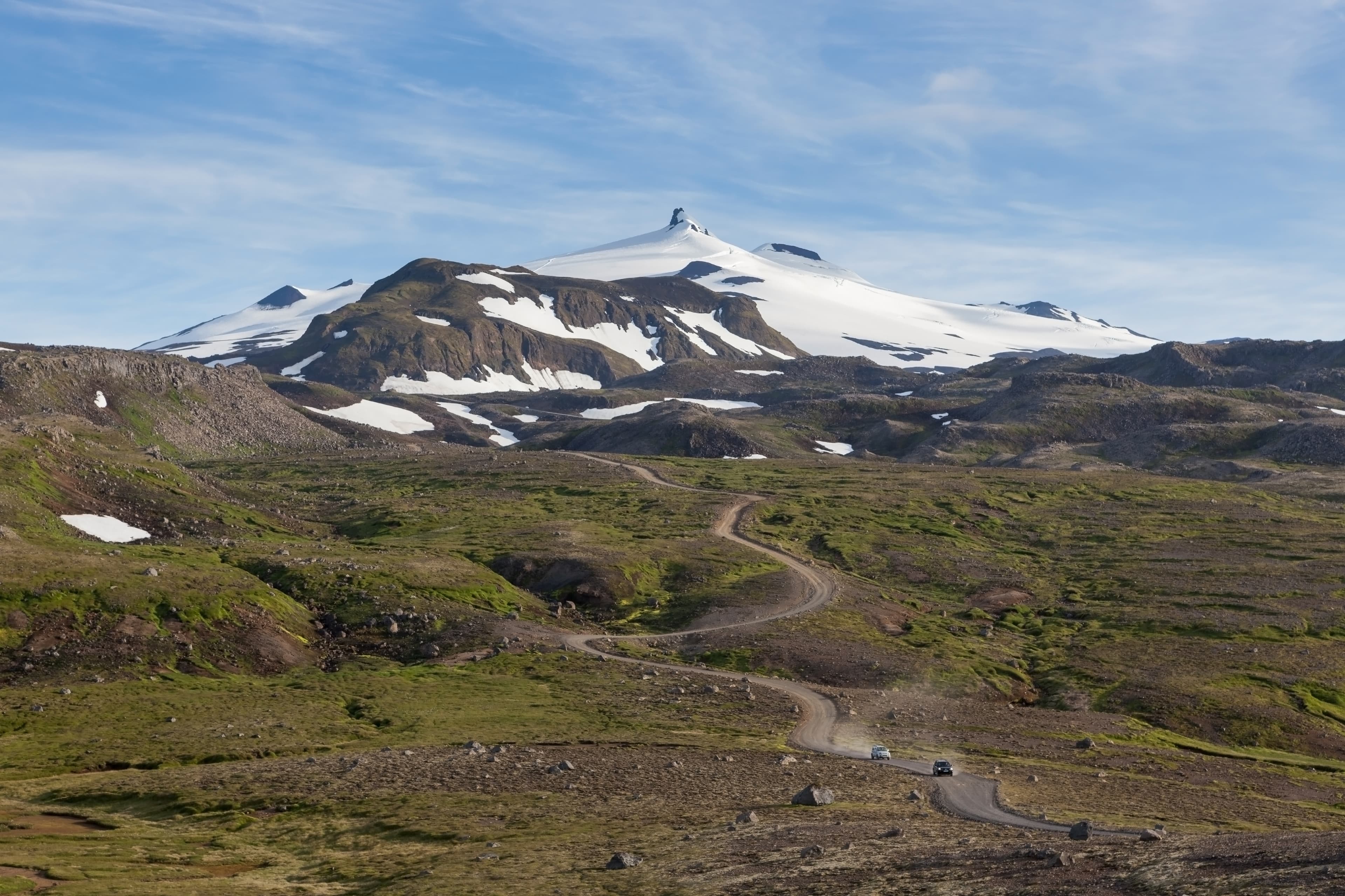 Icelandic landscape. Snaefellsjokull volcano in Iceland. Road to Snaefellsjokull mountain. Snaefellsnes national park. Icelandic landscape. Snaefellsjokull volcano in Iceland. Road to Snaefellsjokull mountain. Snaefellsnes national park.