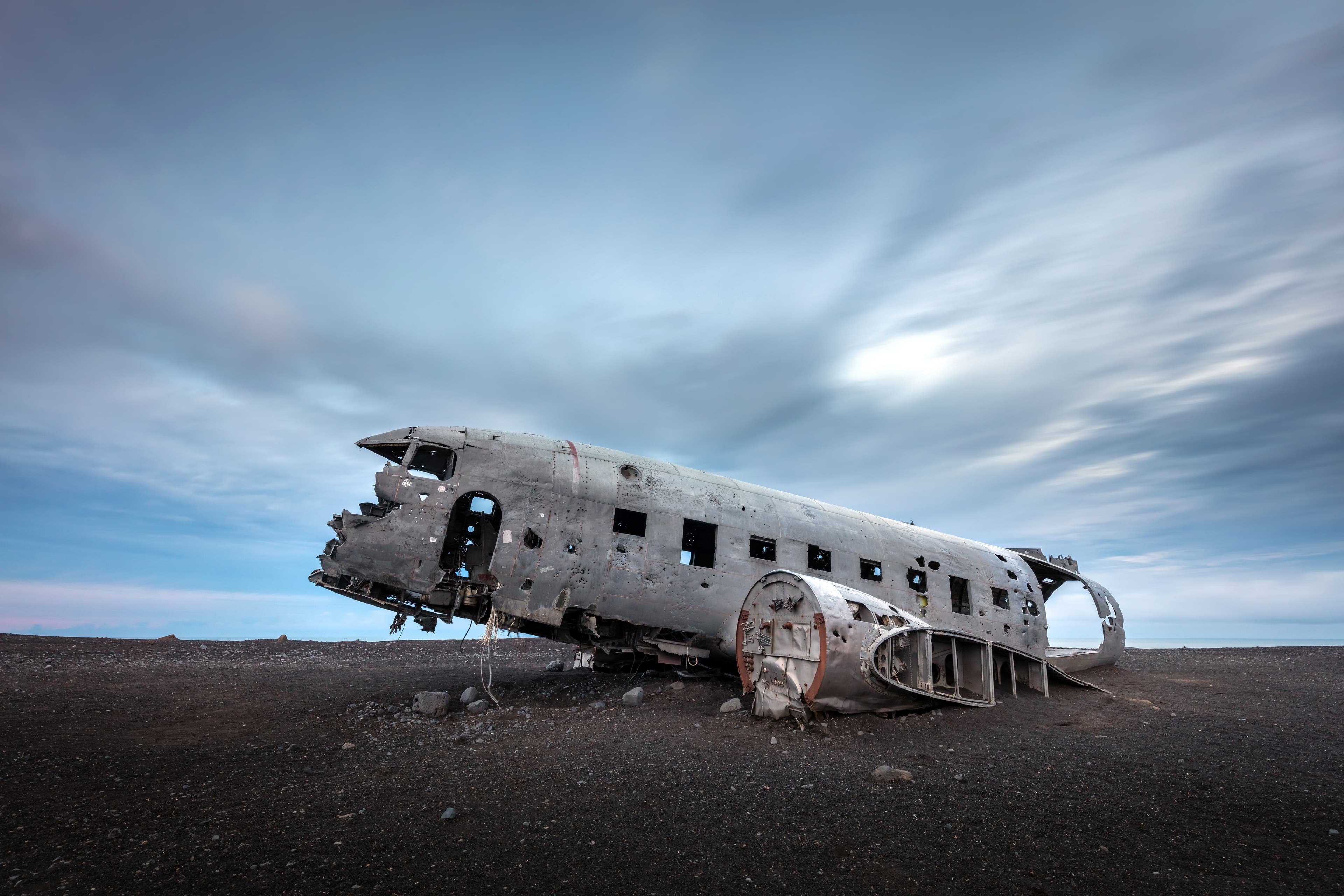 Abandoned plane wreck on the black sand beach Sólheimasandur in the South Iceland