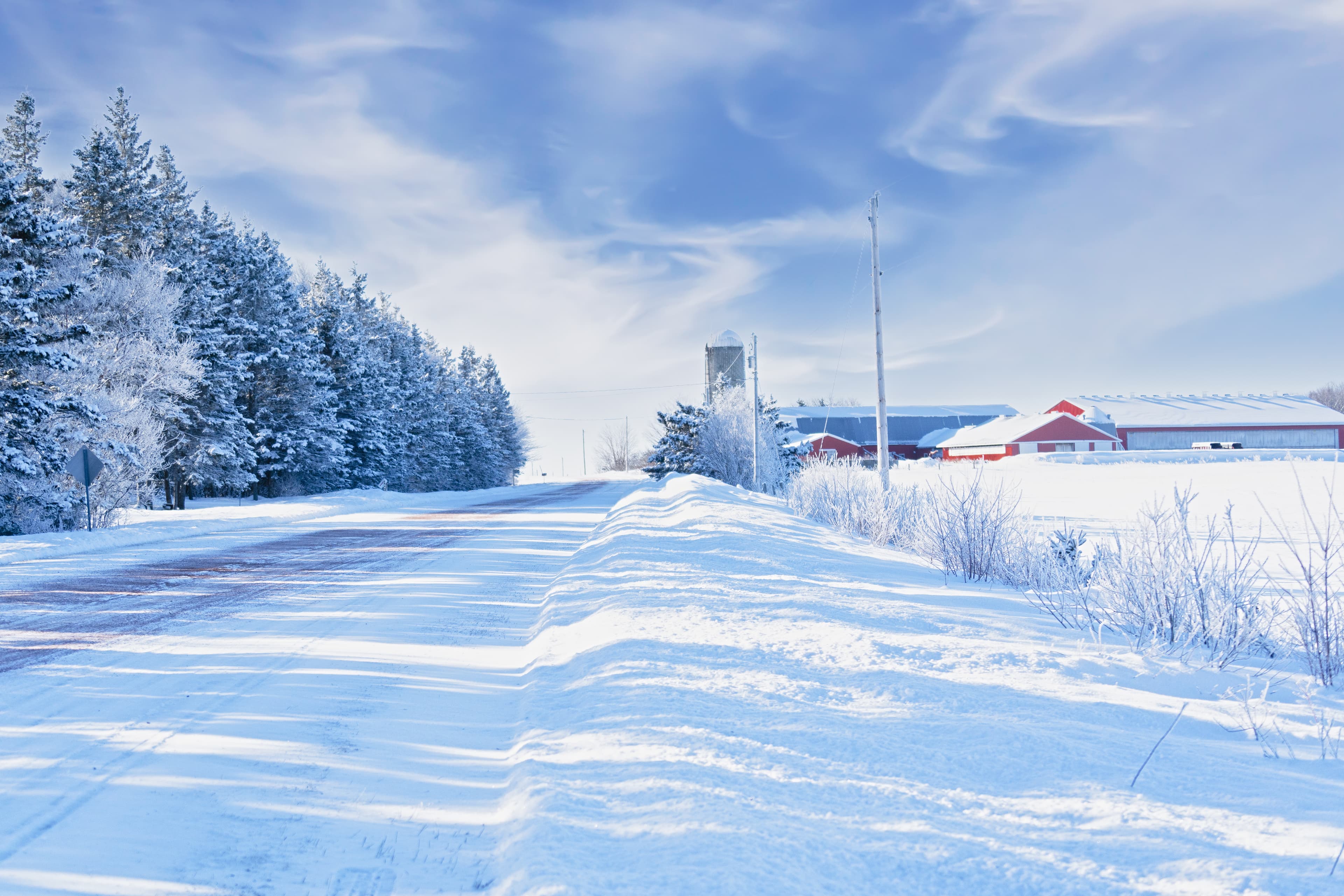 Snow covered road running through the farmland of rural Prince Edward Island, Canada. Snow covered road running through the farmland of rural Prince Edward Island, Canada.