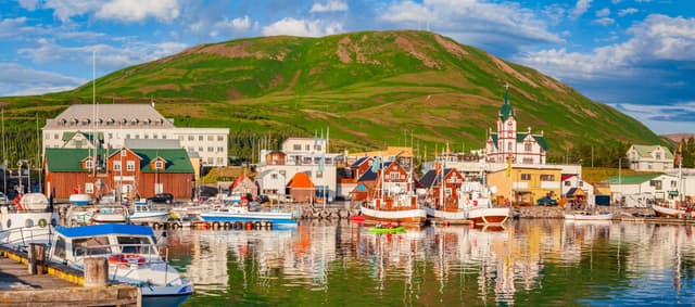 Scenic view of the historic town of Husavik in beautiful golden evening light at sunset with blue sky and clouds, north coast of Iceland Town of Husavik at sunset, north coast of Iceland