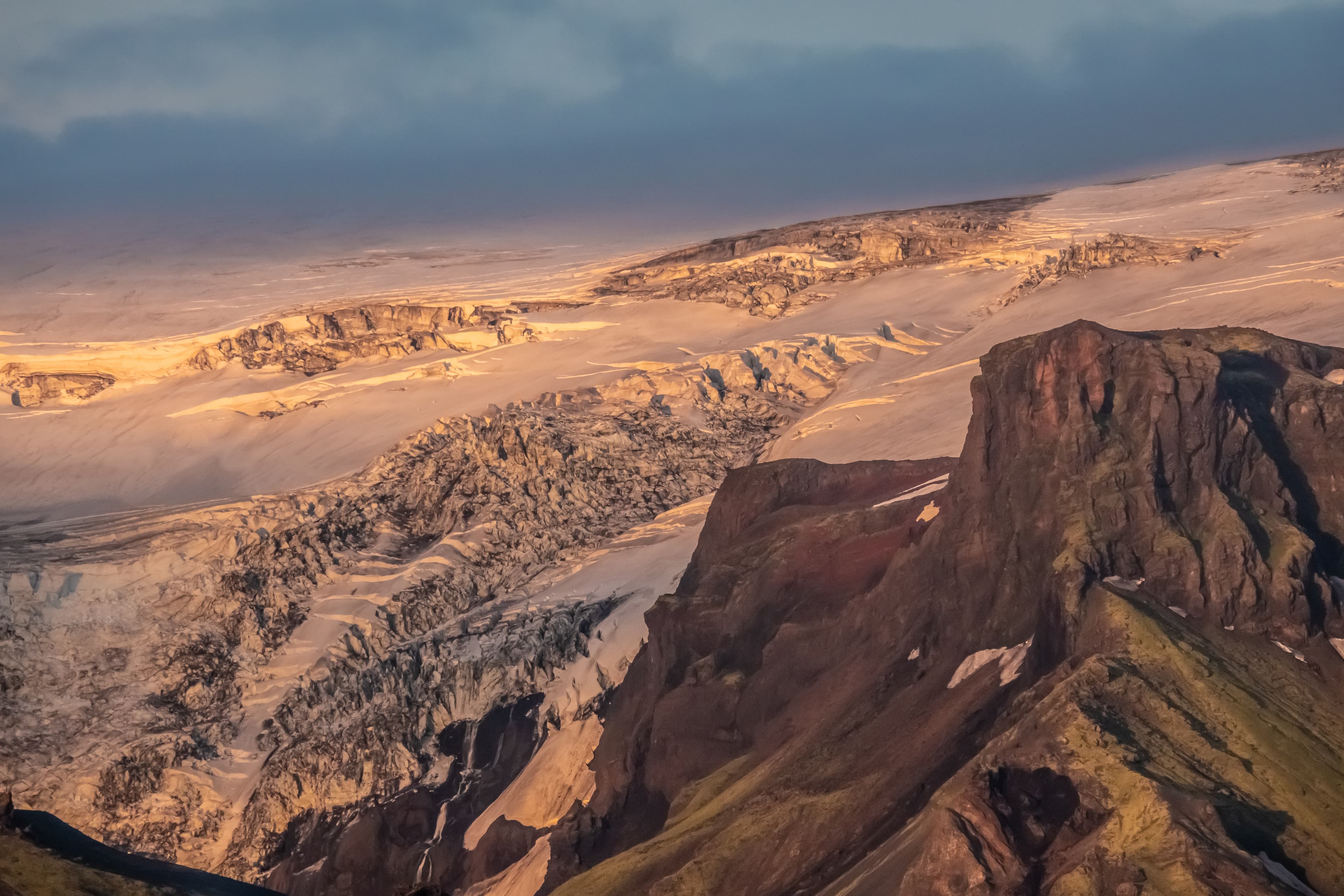 View of the Myrdalsjokull glacier , covering the active volcano Katla, Thorsmork, Highlands at the southern end of the famous Laugavegur hiking trail. View of the Myrdalsjokull glacier , covering the active volcano Katla, Thorsmork, Highlands at the southern end of the famous Laugavegur hiking trail.