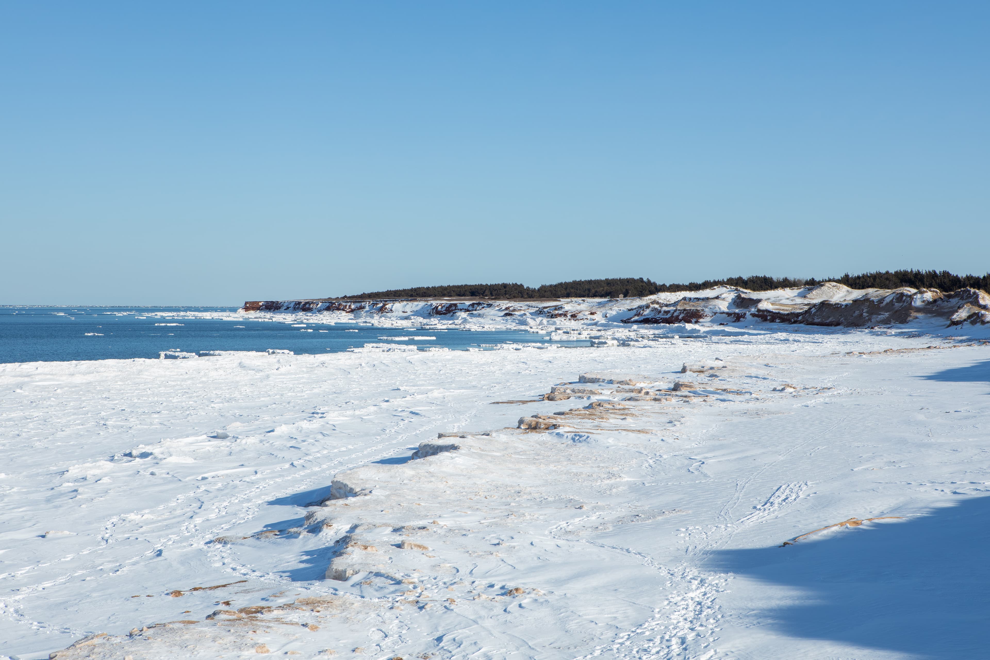 Ice and snow in winter in Cavendish National Park in Prince Edward Island