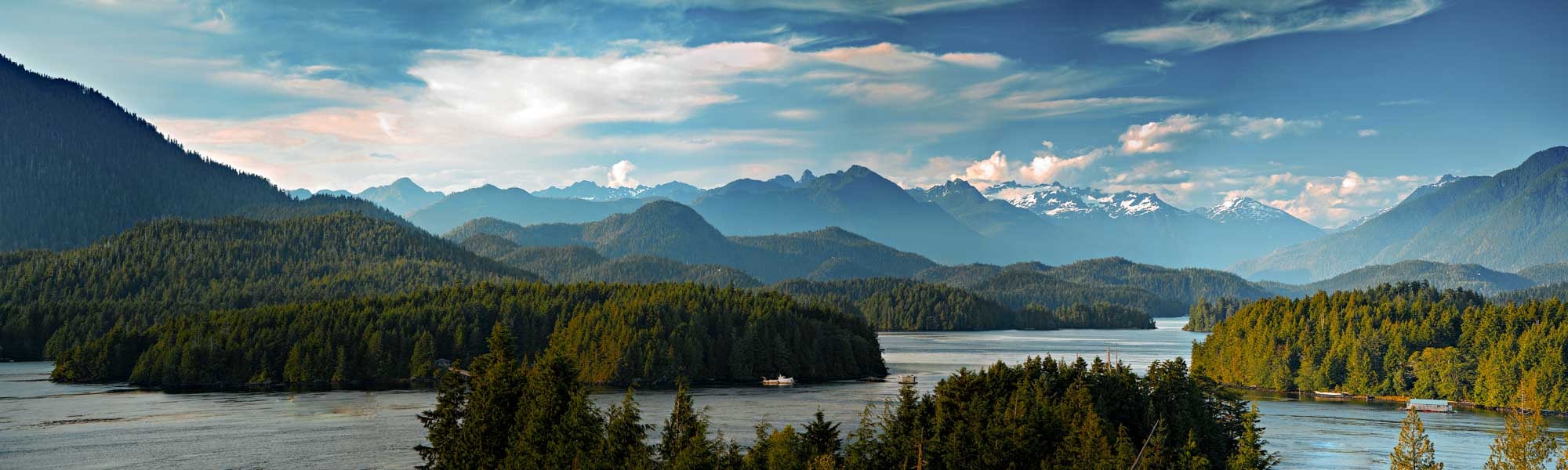 Panoramic view of Tofino.  The sleepy village of Tofino on the West coast of Vancouver Island is now becoming a hot spot for tourism and second homes. Panoramic view of Tofino, Vancouver Island, Canada