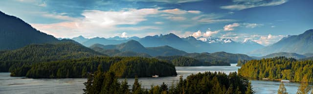 Panoramic view of Tofino.  The sleepy village of Tofino on the West coast of Vancouver Island is now becoming a hot spot for tourism and second homes. Panoramic view of Tofino, Vancouver Island, Canada