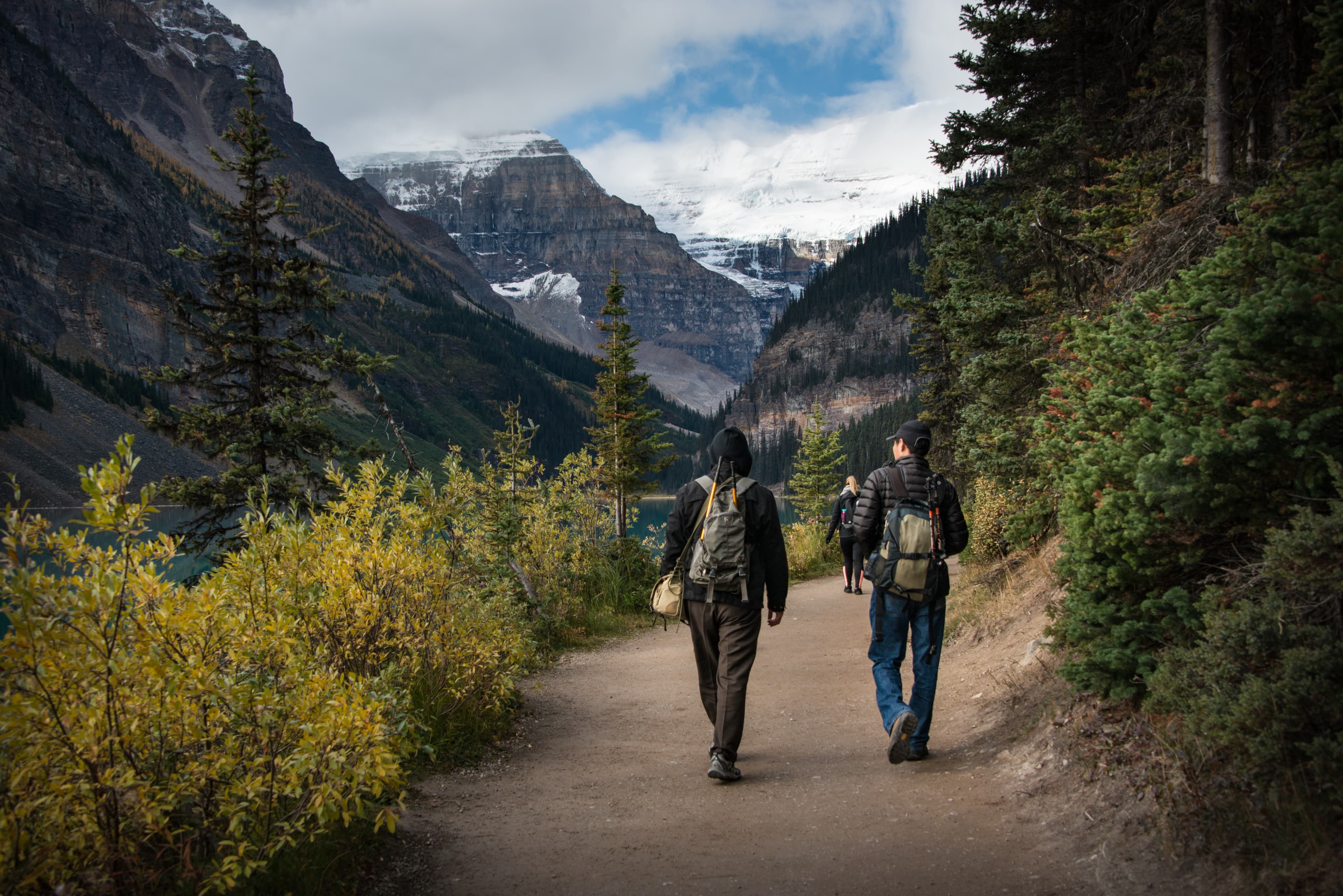 Hiking at Plain of Six Glaciers track from Lake Louise in Banff National Park, Canadian Rockies Hiking at Plain of Six Glaciers track from Lake Louise in Banff National Park