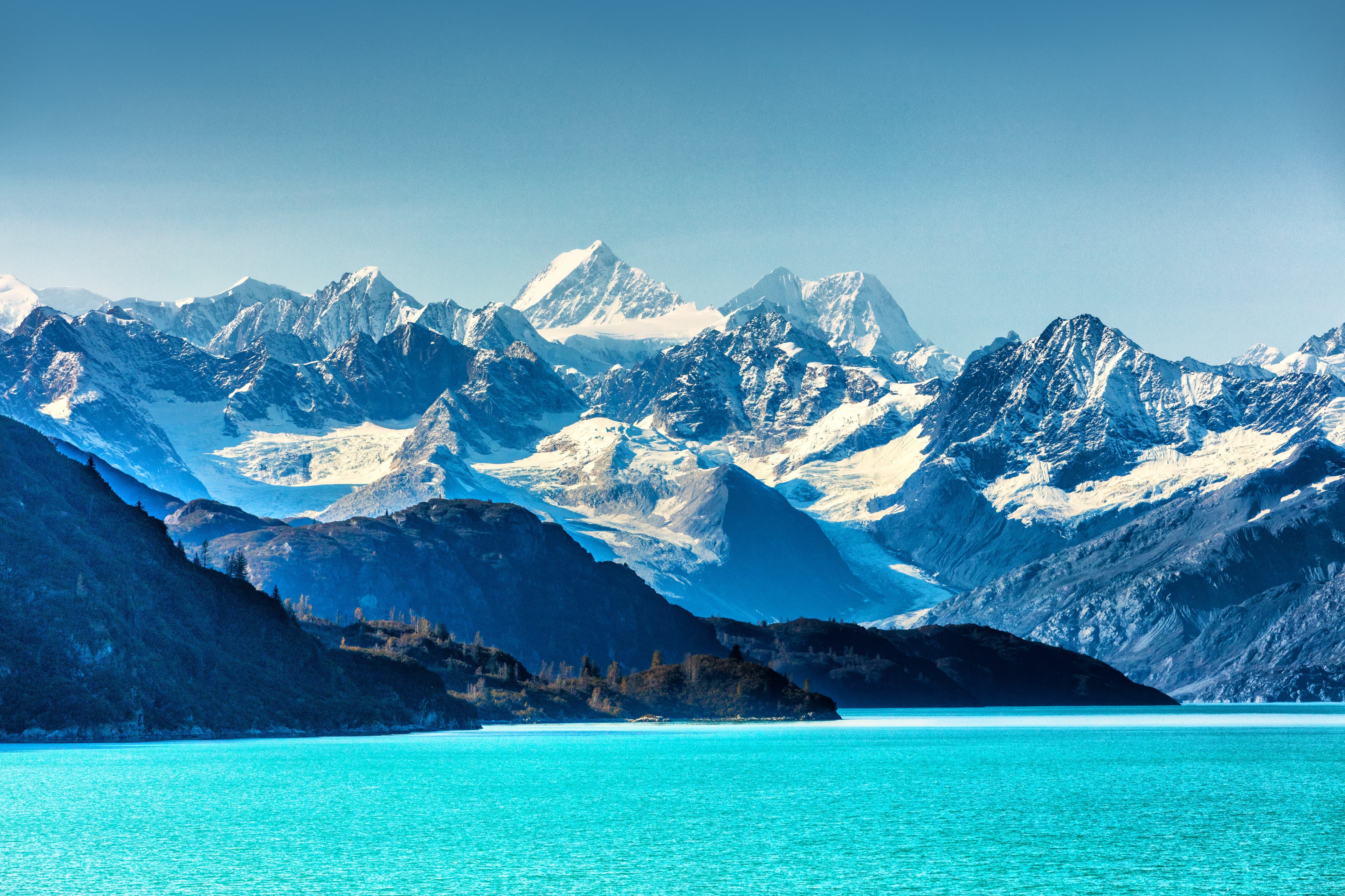 Alaska nature landscape view from cruise travel in Glacier Bay Alaska, United States, USA destination. Alaska nature landscape view from cruise travel