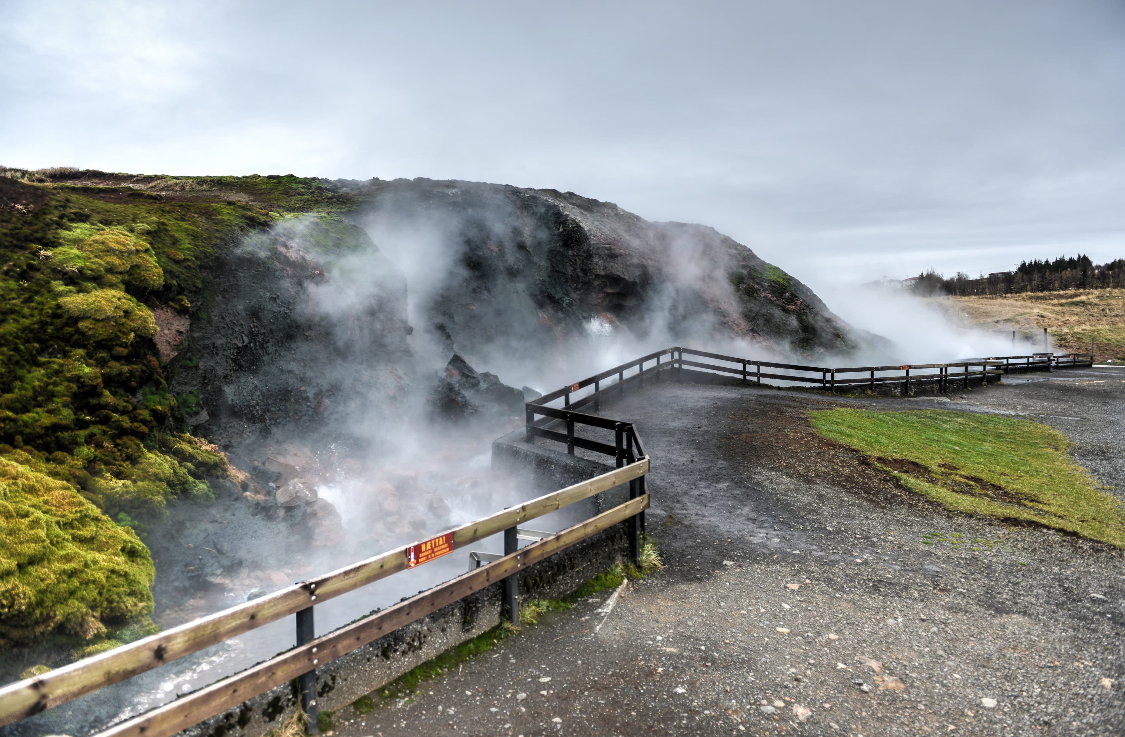 Deildartunguhver, a geothermal hotspring in Reykholtsdalur, Iceland. It has a very high flow rate for a hot spring and water emerges at near boiling. It is the highest-flow hot spring in Europe. Deildartunguhver Geothermal Spring, Iceland