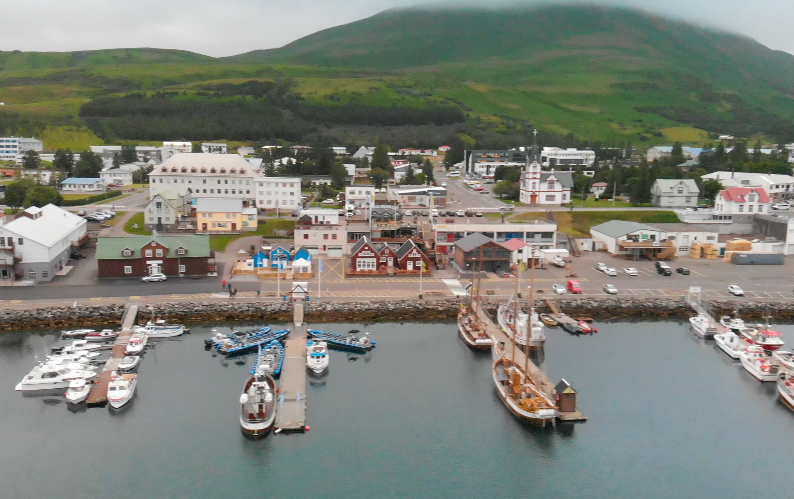 Aerial view of Husavik port in Northern Iceland, the city is famous for whales tours. Aerial view of Husavik port in Northern Iceland, the city is famous for whales tours