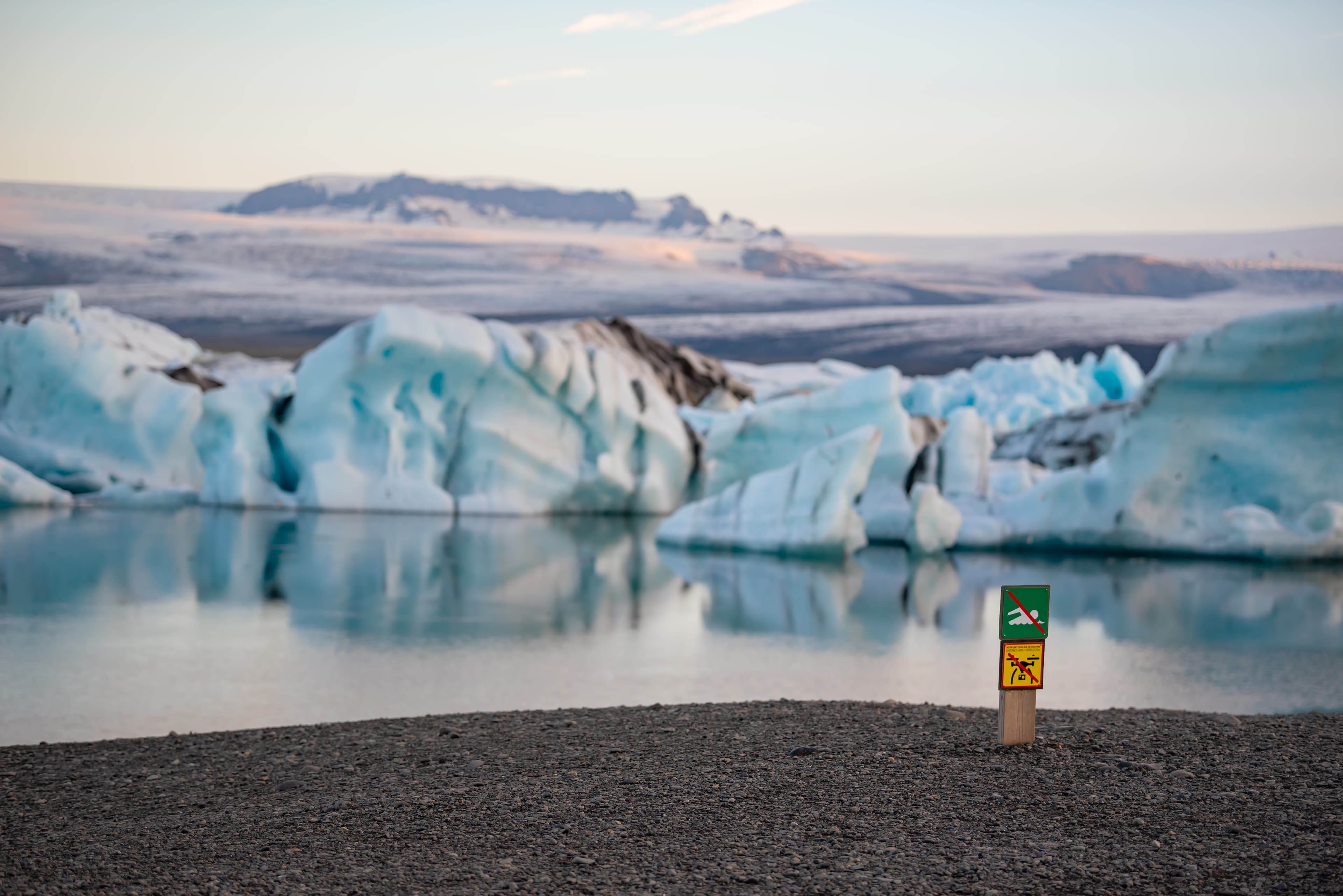 No swimming and No drone zone sign ,Jokulsarlon gracier lagoon ,Iceland.