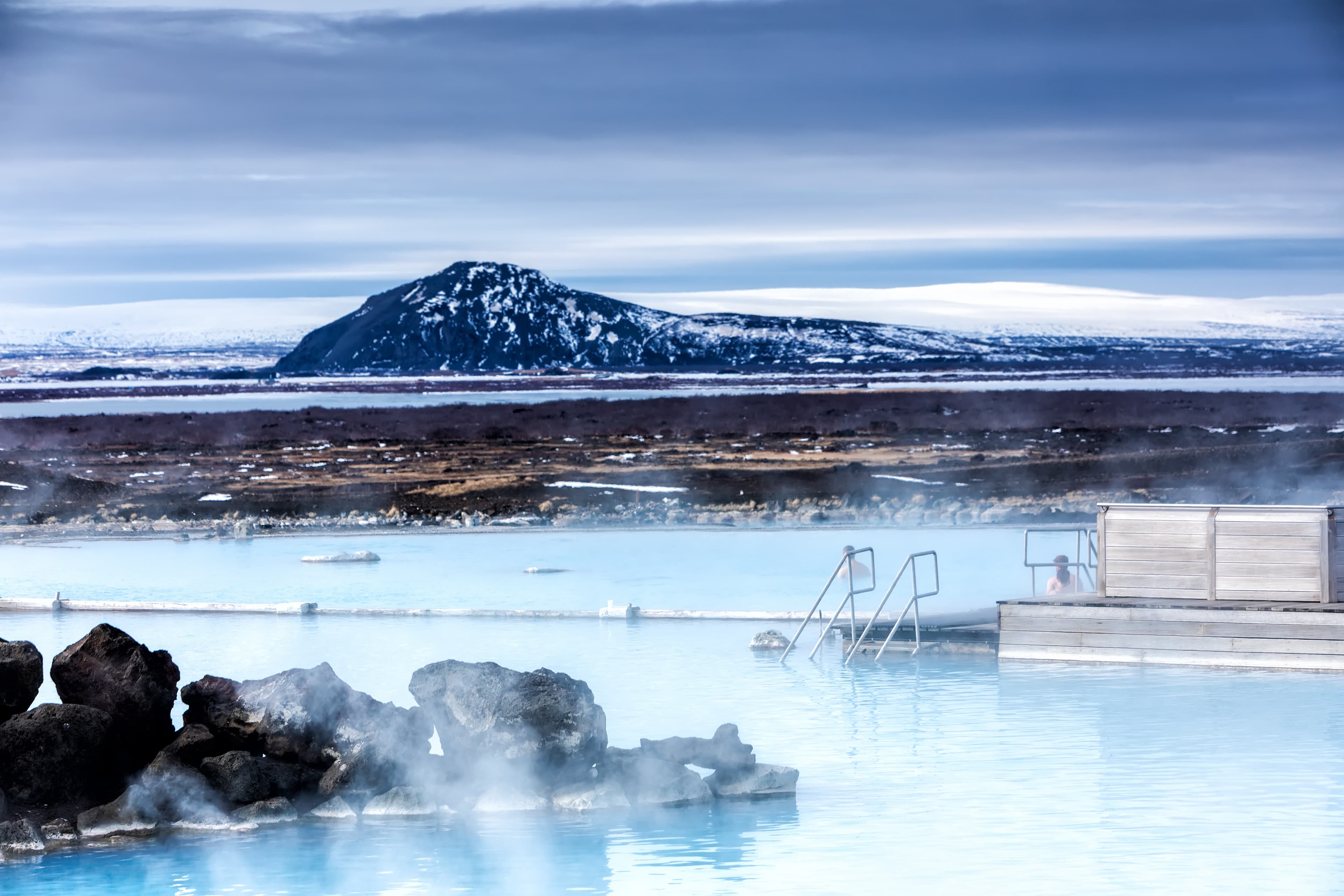 View of the Myvatn Naturebaths, a geothermal hot lagoon in Northeast Iceland View of the Myvatn Naturebaths, a geothermal hot lagoon in Northeast Iceland