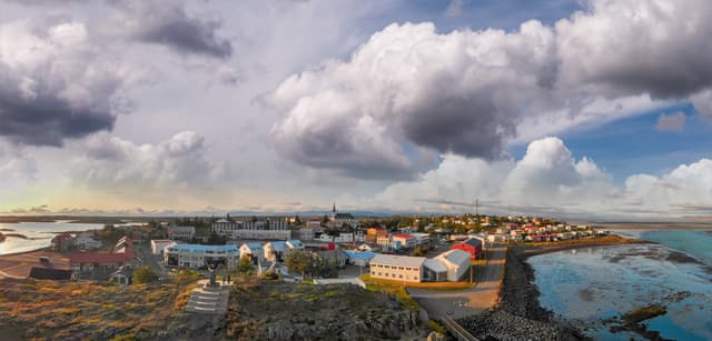 Aerial view of Borgarnes in Snaefellsnes Peninsula, Iceland. Sunset in summer season. Aerial view of Borgarnes in Snaefellsnes Peninsula, Iceland. Sunset in summer season