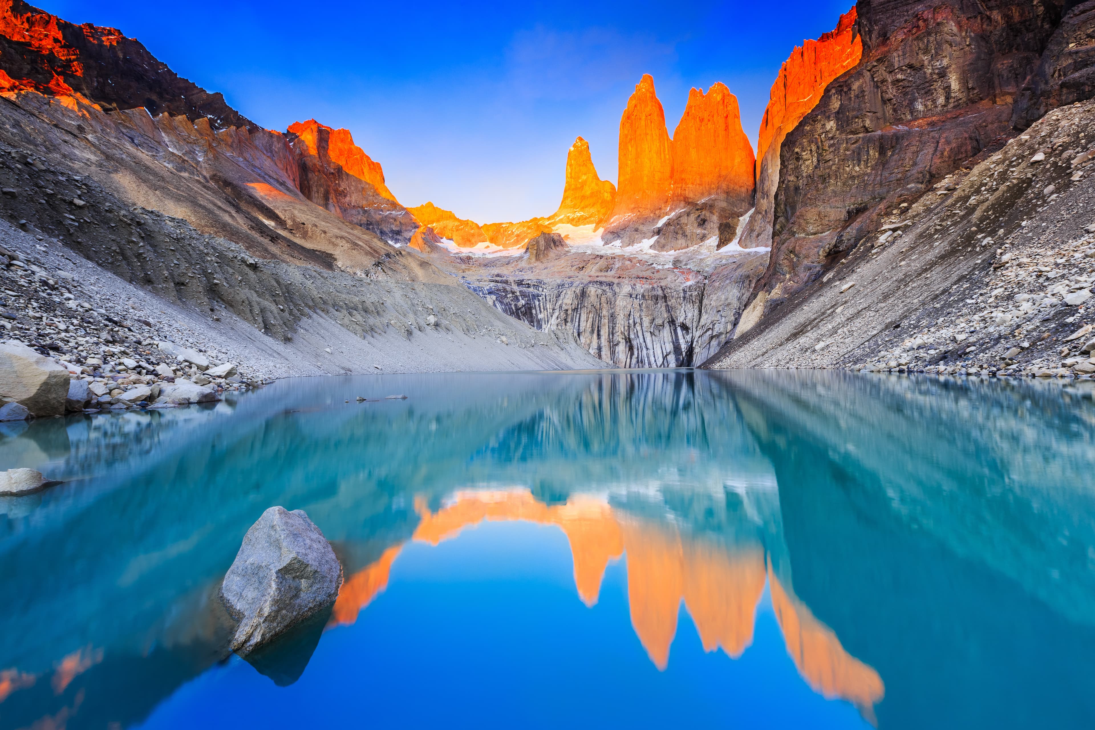 Torres Del Paine National Park, Chile. Sunrise at the Torres lookout. Torres Del Paine National Park, Chile.