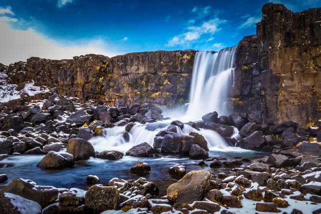 Oxararfoss - May 03, 2018: The Oxararfoss waterfall, Iceland Oxararfoss-waterfall-thingvellir-national-park-winter