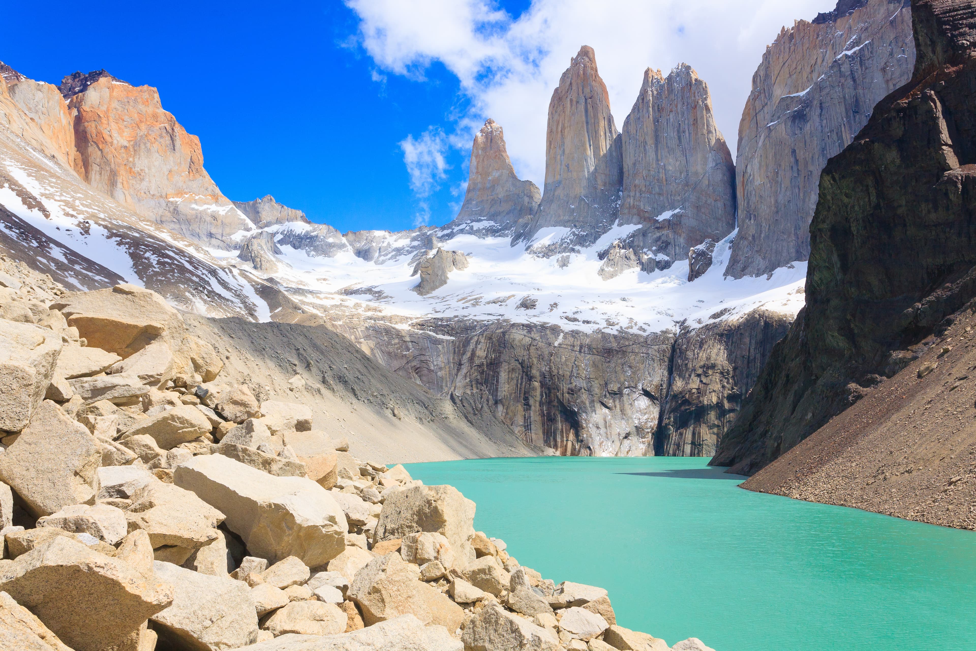 Torres del Paine peaks view, Chile.  Base Las Torres viewpoint. Chilean Patagonia landscape. Torres del Paine view, Base Las Torres viewpoint, Chile