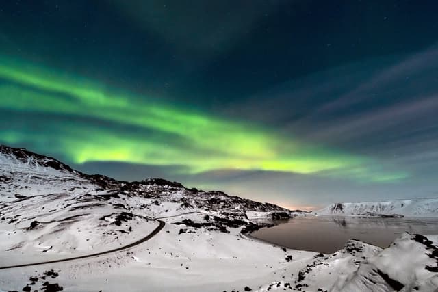 Aurora borealis over Kleifarvatn Lake on Reykjanes Peninsula, Iceland, March 2019 Aurora borealis on Reykjanes Peninsula