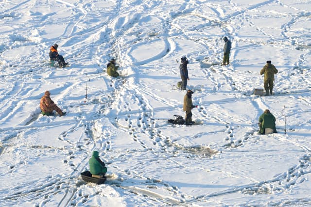 Group of fishermen on winter fishing on ice of the Gulf of Finland Group of fishermen on winter fishing on ice of the Gulf of Finland
