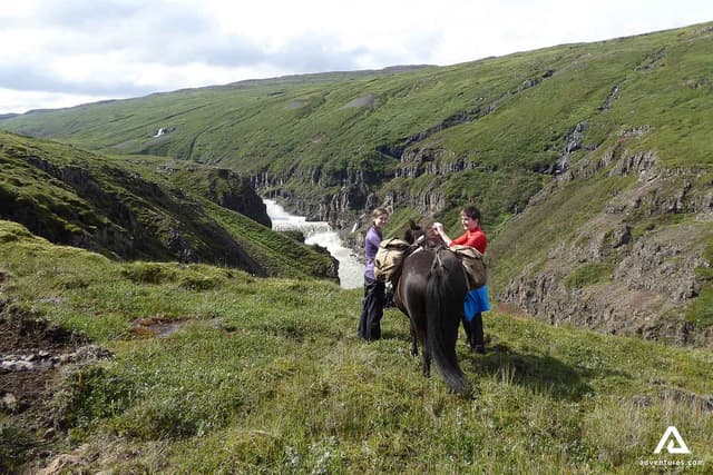 Tourists-preparing-horses-for-riding-near-a-canyon-with-waterfall-in-iceland