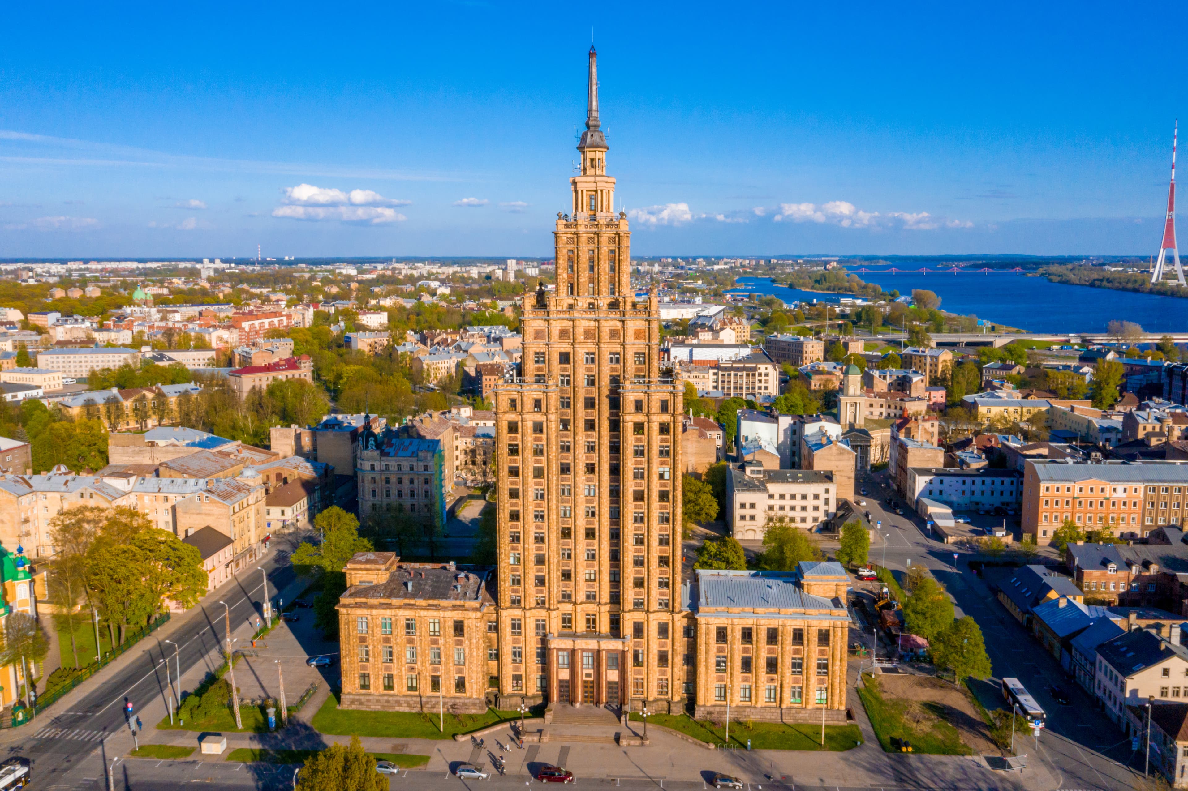 Aerial close up view of the Latvian academy of sciences in Riga, Latvia. It was built between 1953 and 1956 dominates the skyline standing at 108m tall. Soft selective focus Aerial close up view of the Latvian academy of sciences in Riga, Latvia. It was built between 1953 and 1956 dominates the skyline standing at 108m tall. Soft selective focus