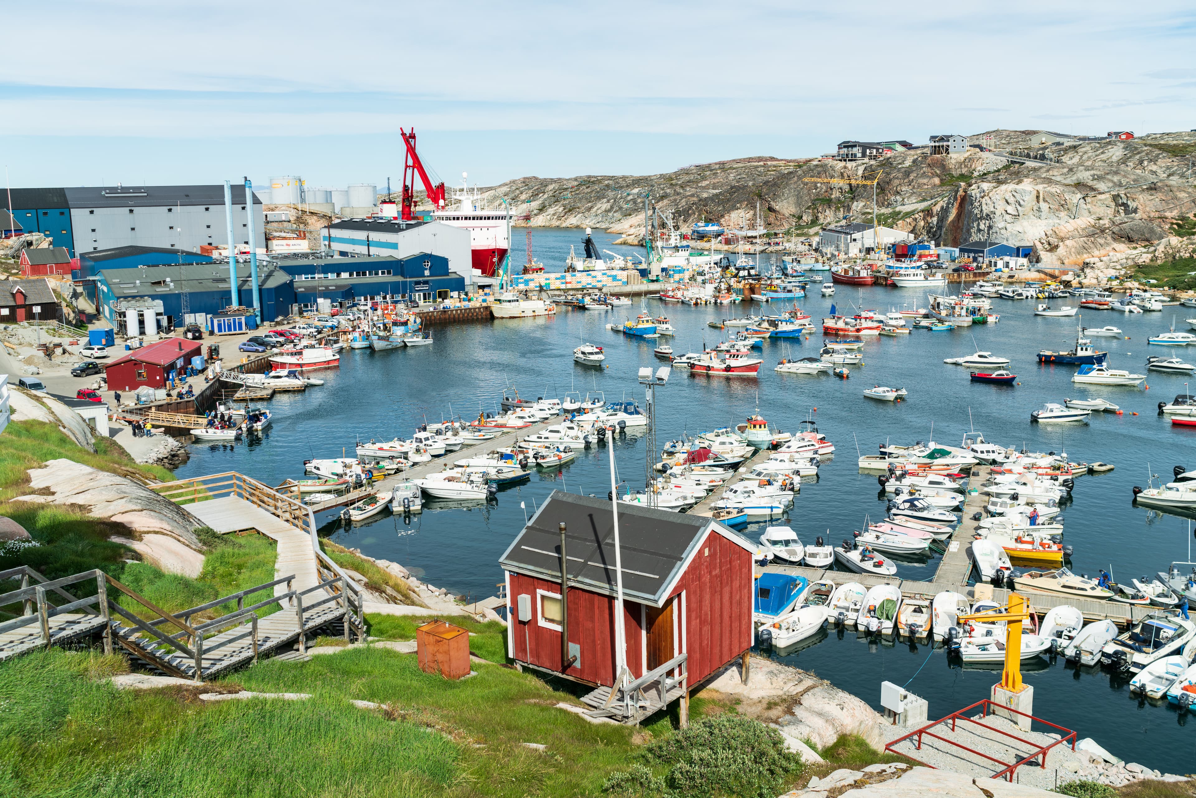 Greenland city Ilulissat cruise ship harbor and boat harbour on famous Greenland destination. Greenland city Ilulissat cruise ship harbor and boat harbour on Greenland