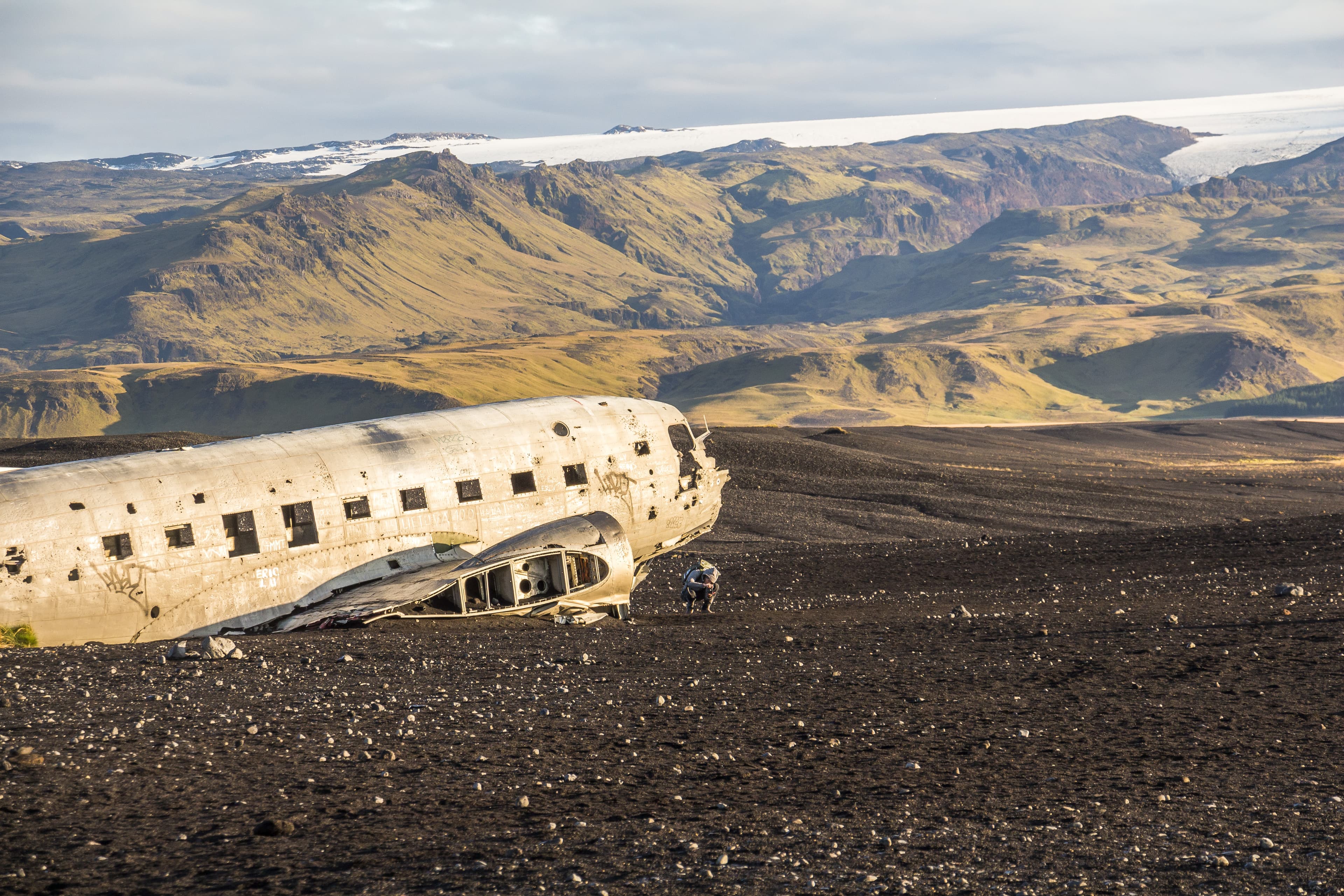 View on plane wreck DC-3 from far, Iceland View on plane wreck DC-3 from far, morning time, Iceland