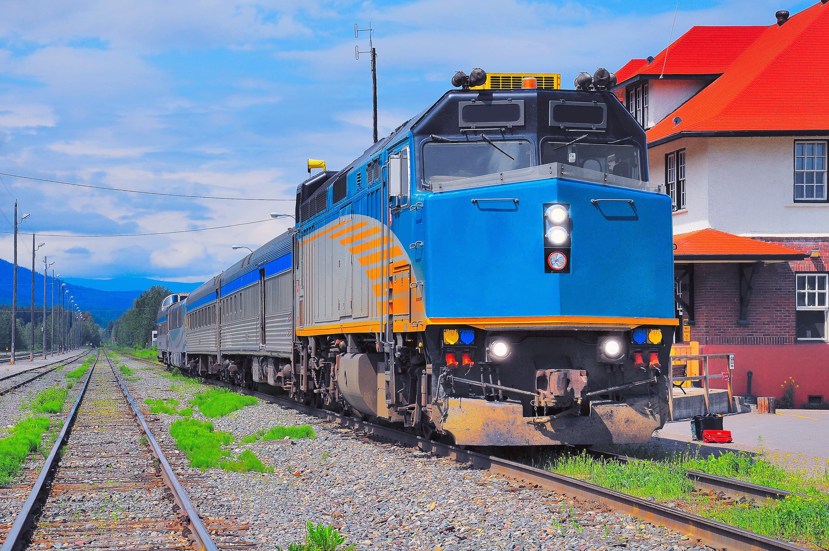Passenger train from Prince Rupert to Prince George stands on the station for changing locomotive crew. Smithers. British Columbia. Canada. Passenger train from Prince Rupert to Prince George.