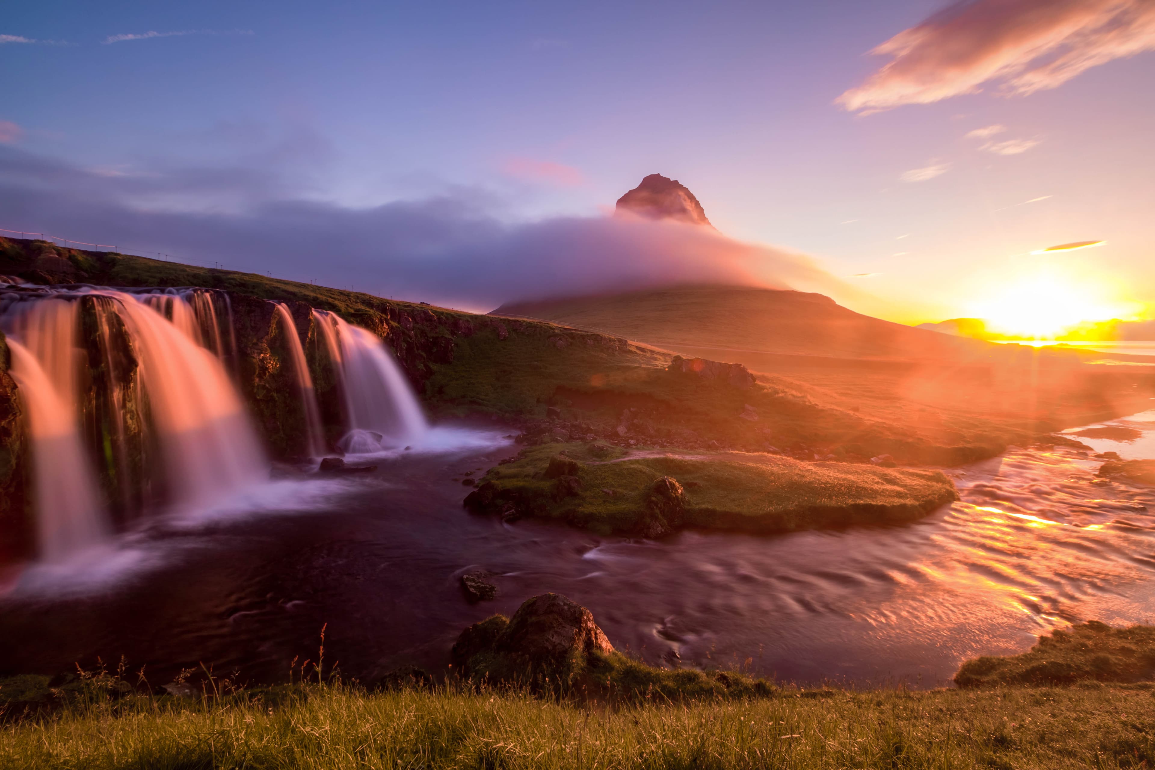 Beautiful view Summer of Kirkjufellsfoss at morning, summer in Iceland