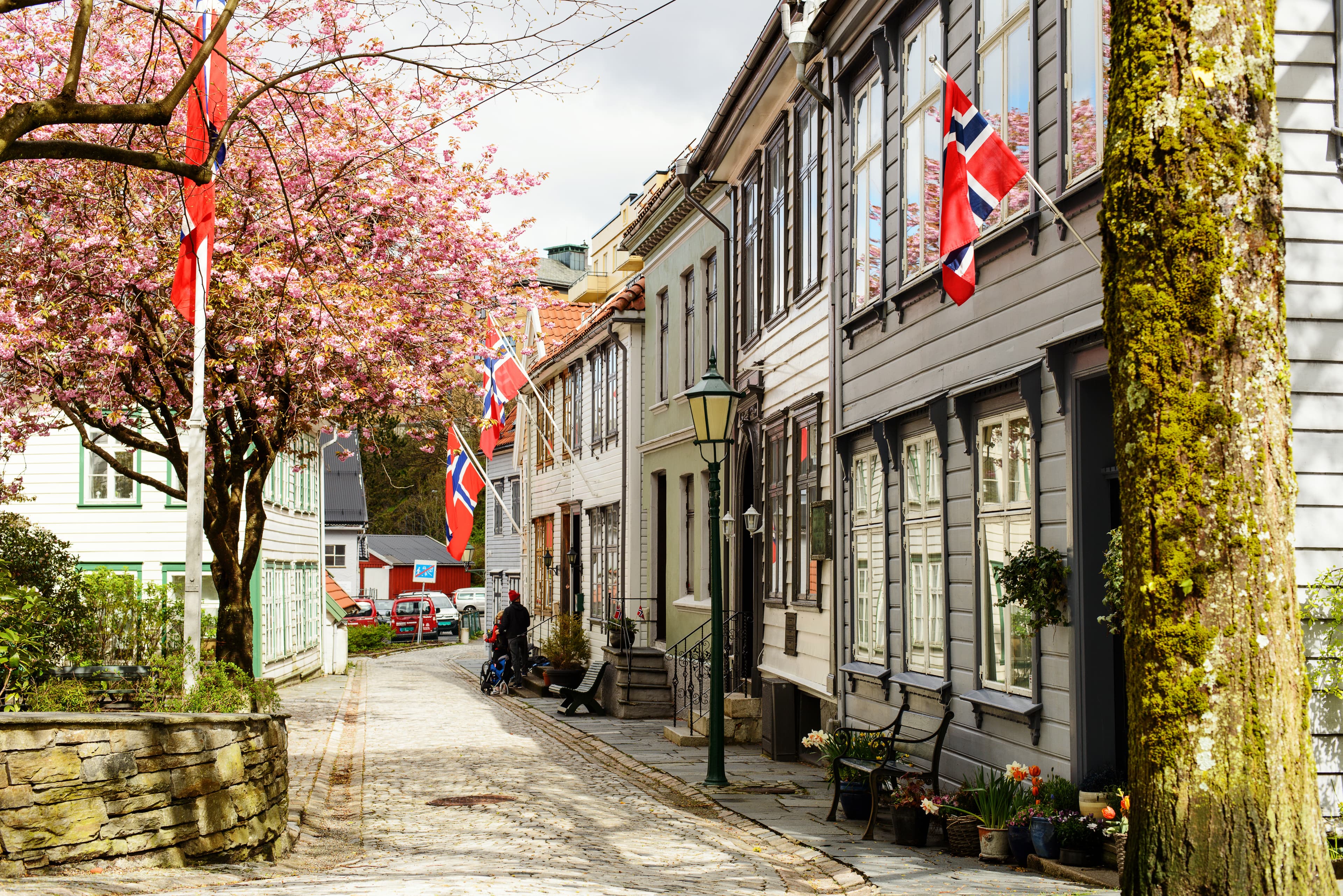 Narrow street in the residential area of the old town in Bergen, Norway Residential area of the old town in Bergen, Norway