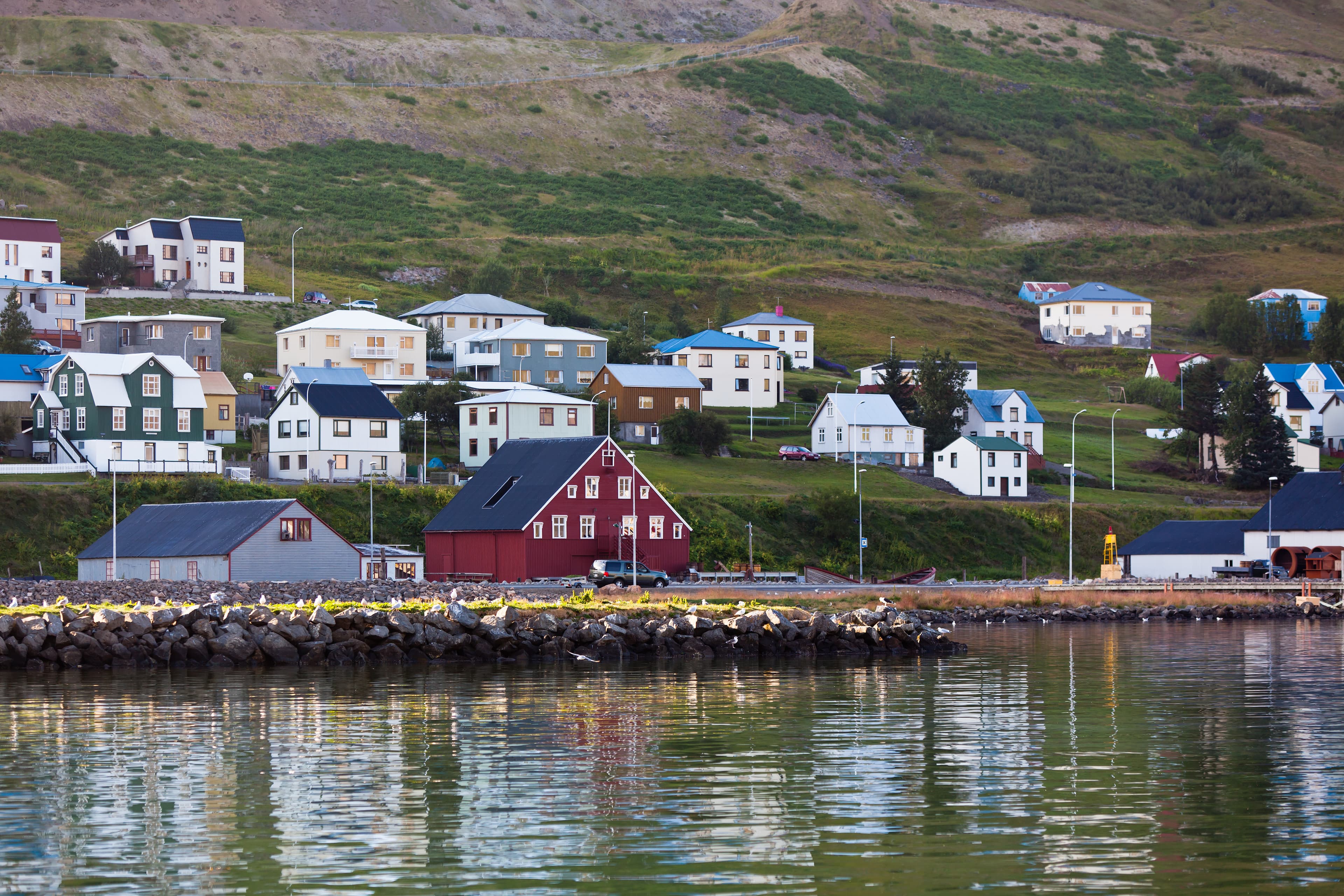 The town of Siglufjordur, the Northern part of Iceland. Horizontal shot The town of Siglufjordur, the Northern part of Iceland