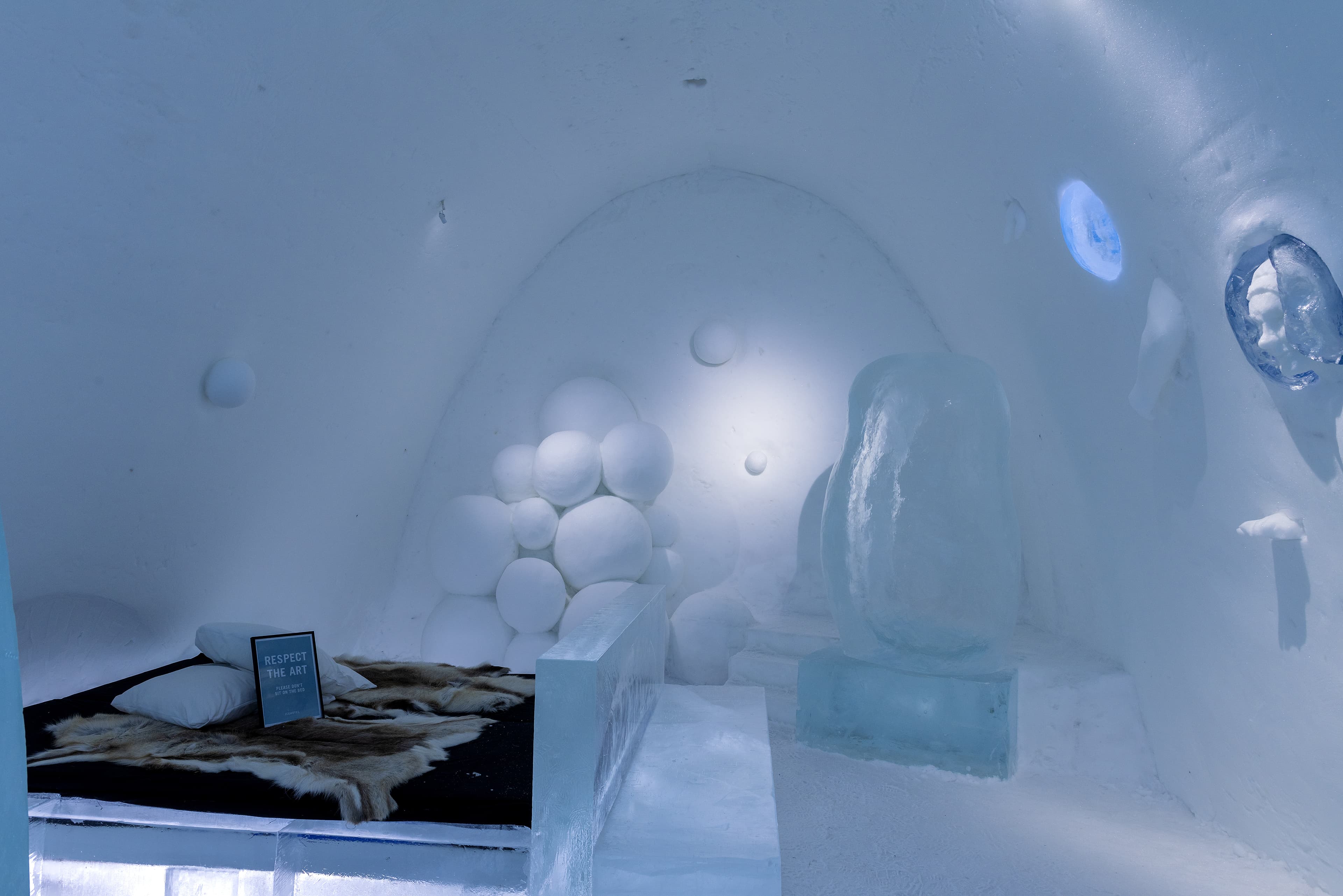 Jukkasjarvi, Sweden - January 04, 2021 : Art  in the IceHotel in Jukkasjarvi near Kiruna Sweden Jukkasjarvi, Sweden - January 04, 2021 : Art  in the IceHotel in Jukkasjarvi near Kiruna Sweden