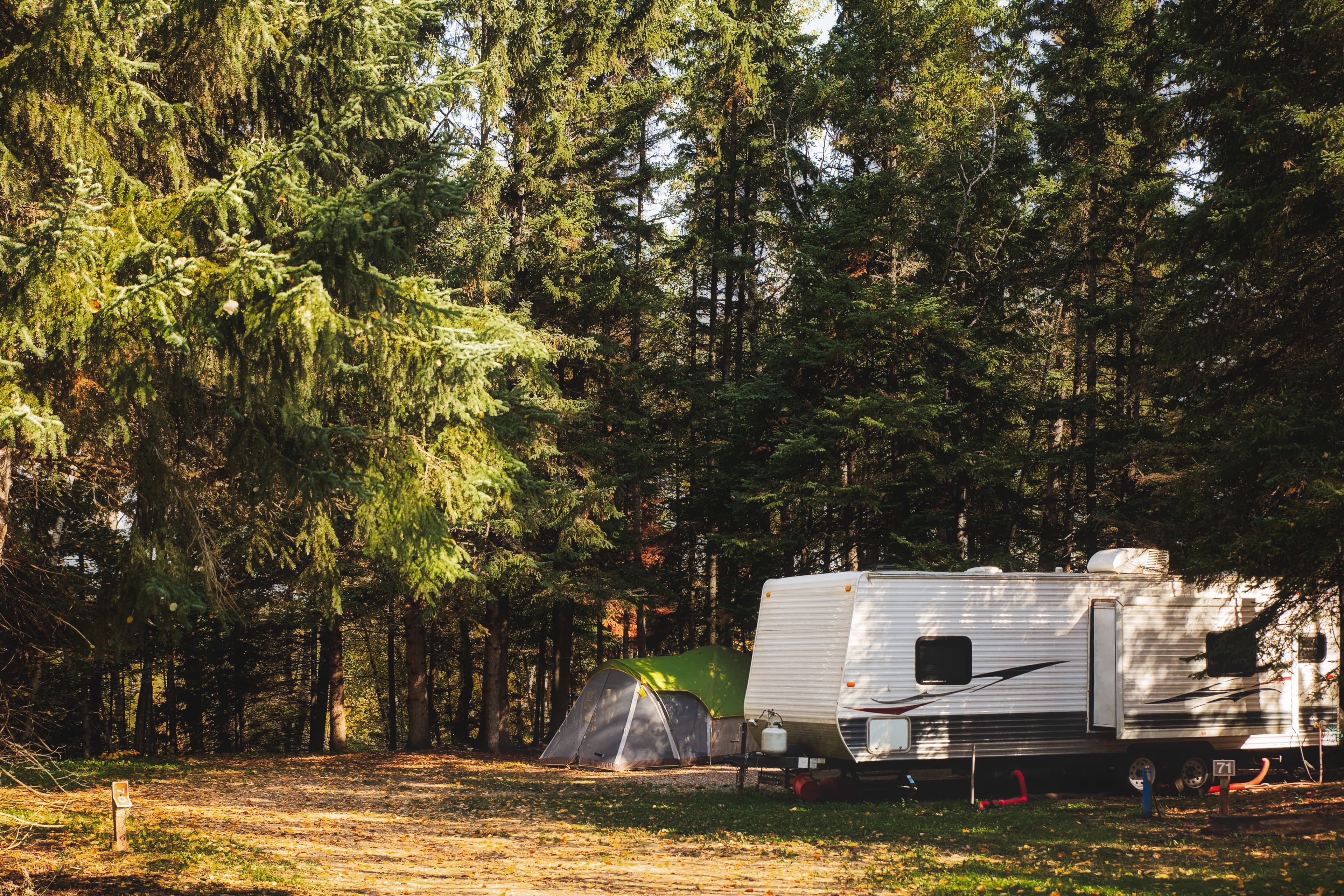 A camper trailer and tent surrounded by tall pine trees parked in a deserted campsite in a autumn daytime landscape A camper trailer and tent surrounded by tall pine trees parked in a deserted campsite in a autumn daytime landscape