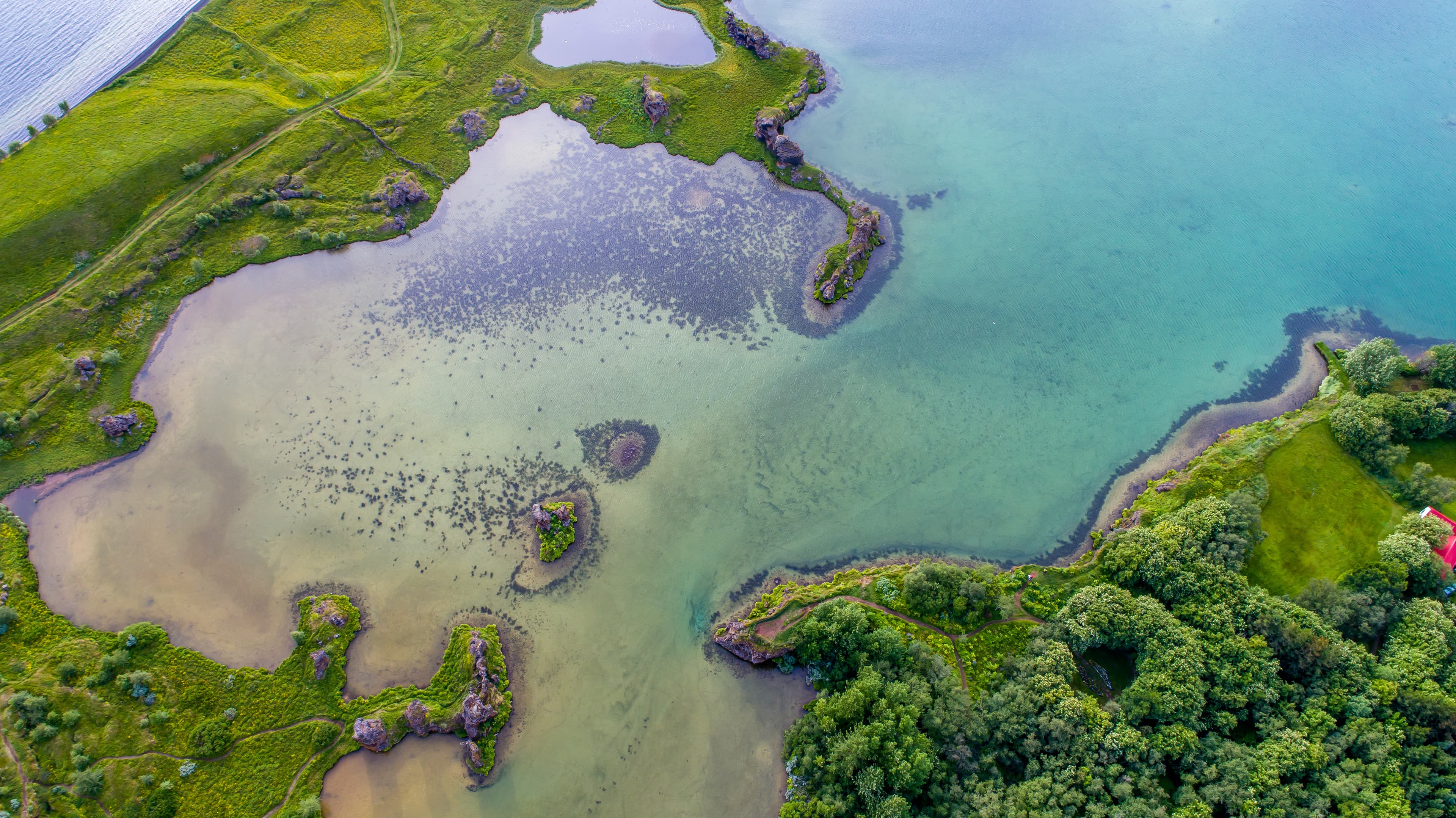 Aerial View of Mývatn Lake in Iceland on a sunny polar night