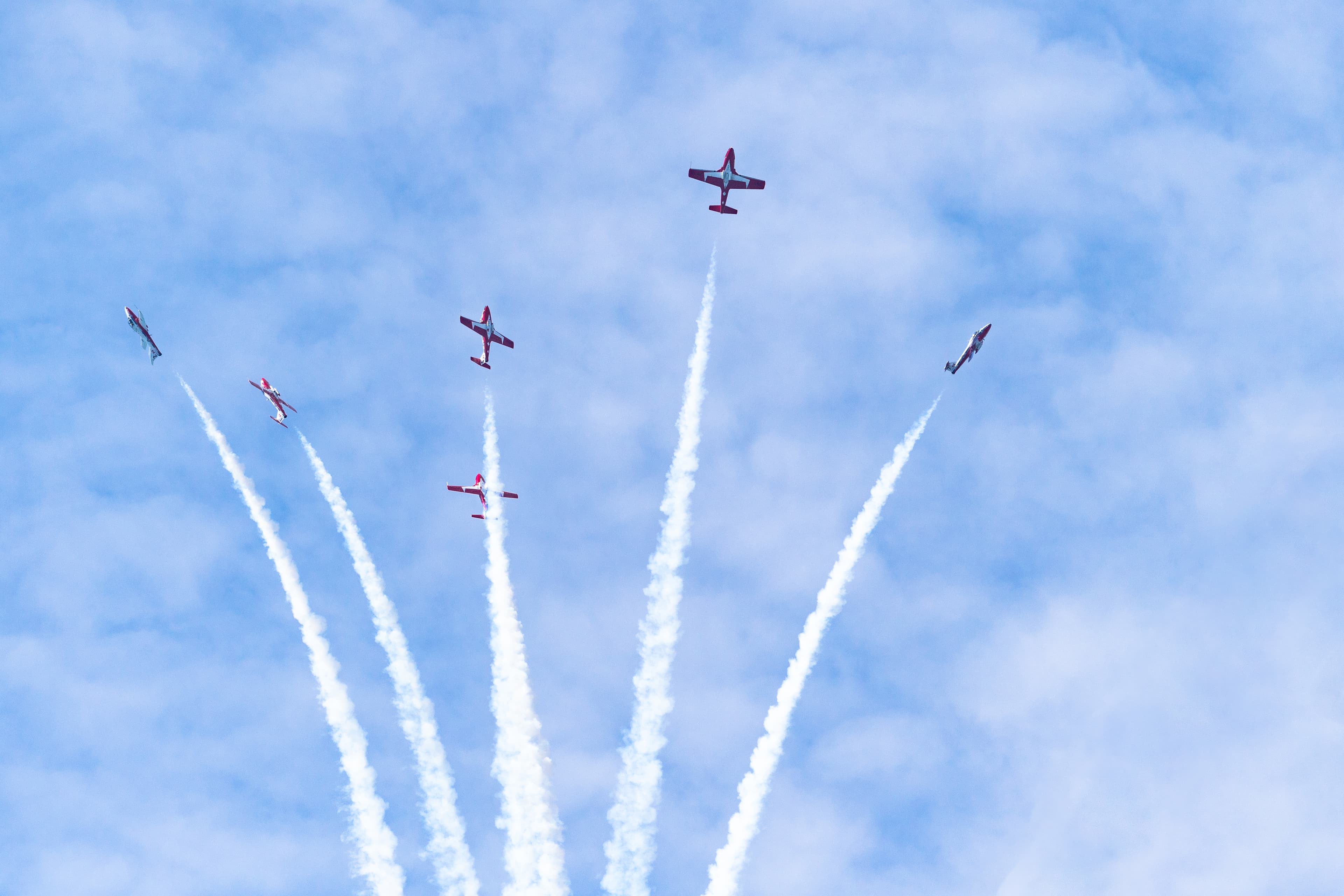 Toronto, Ontario, Canada-September 2, 2019: The Snowbirds Team performing over the city. Toronto city celebrates the 70th anniversary of the Canadian International Airshow 70th Canadian International Airshow, Toronto, Canada