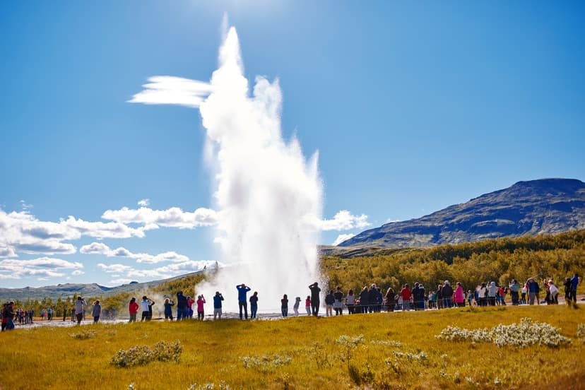 Summer in Iceland. Eruption of Strokkur Geyser in Iceland. Magnificent geyser Strokkur. Fountain Geyser throws azure water every few minutes Eruption of Strokkur Geyser in Iceland
