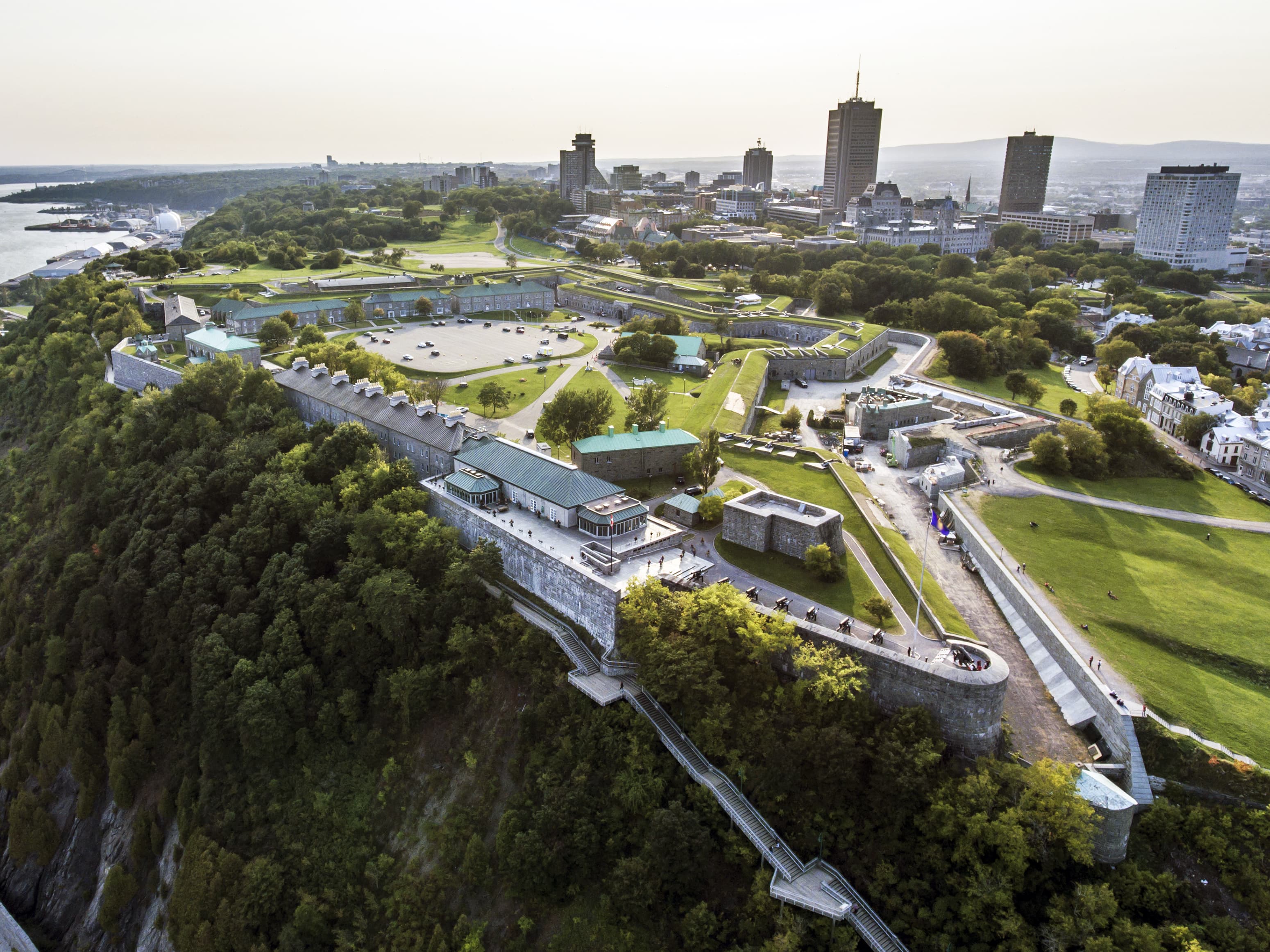 aerial helicopter view of the Citadel, the old fortress of Quebec City skyline in background aerial helicopter view of the Citadel the old fortress of Quebec City skyline in background
