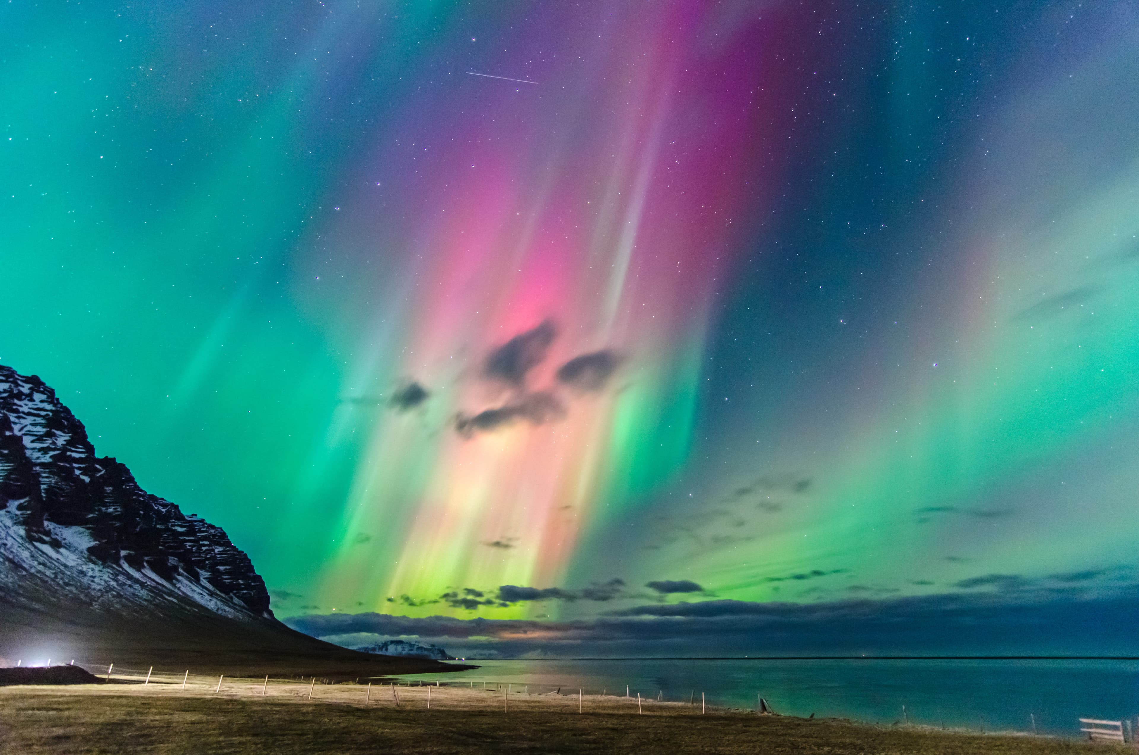 Colorful northern lights over iceland sky